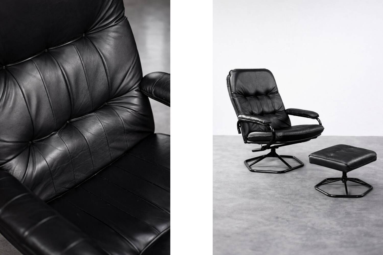 Vintage Mid-Century Danish Modern Black Leather Swivel Chair and Ottoman