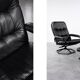 Vintage Mid-Century Danish Modern Black Leather Swivel Chair and Ottoman