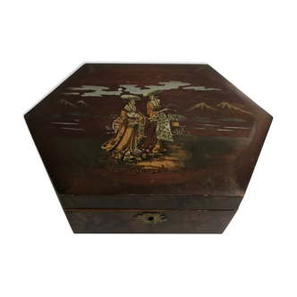 Old wooden box orientalist motifs signed