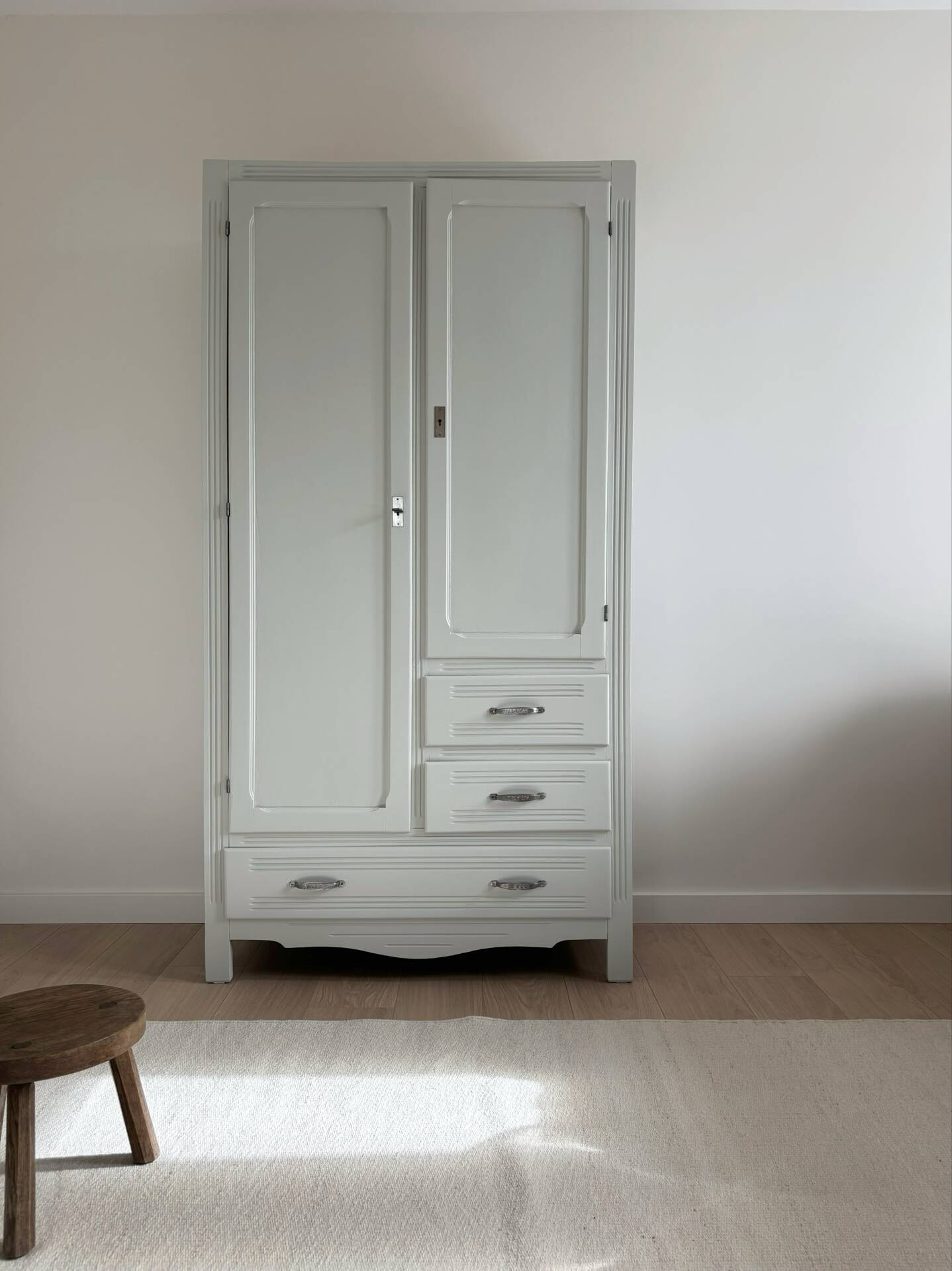 Art Deco wardrobe with shelves and drawers, renovated wood.