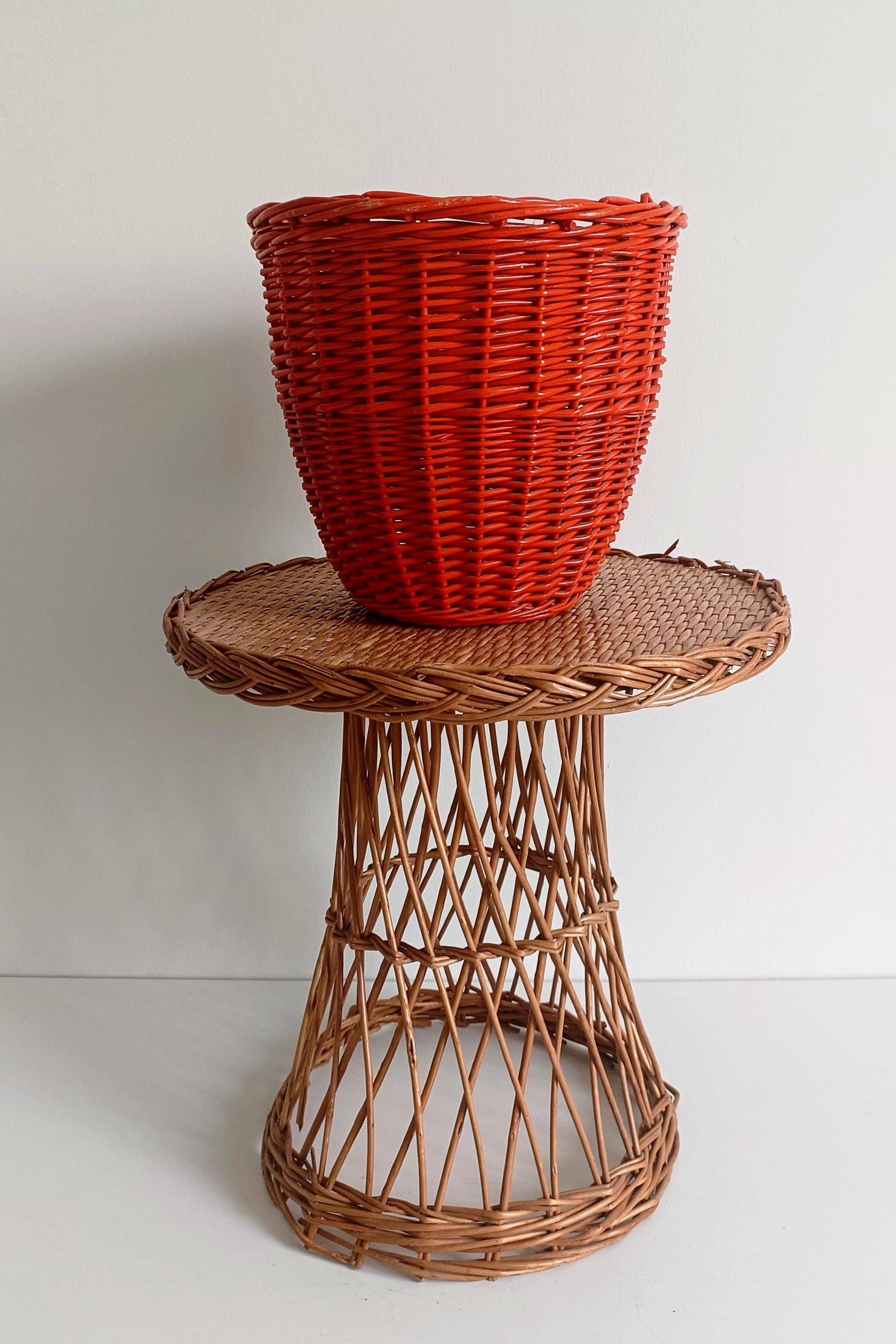 Bohemian Mid-Century Coral Red Wicker Basket, France, circa 1960s
