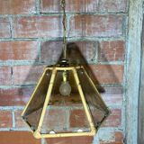 Antique Hexagonal Bamboo Rattan Pendant Light + Vintage Engraved Glass Plates
