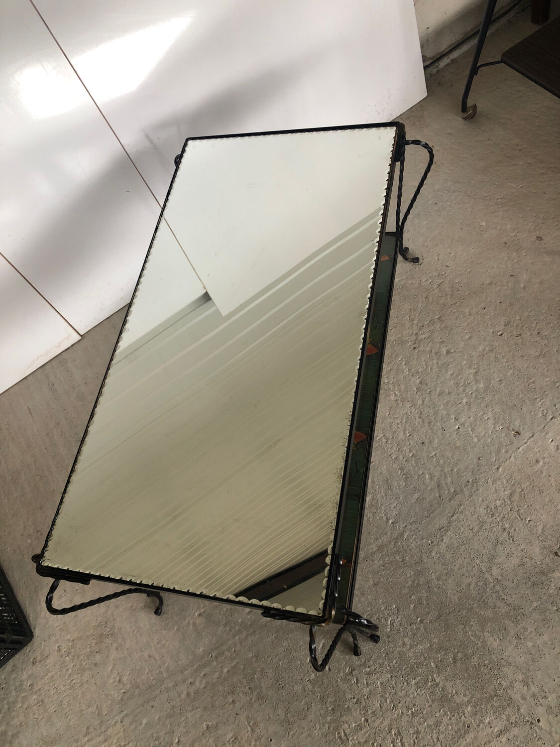 Vintage wrought iron coffee table with mirror and glass top