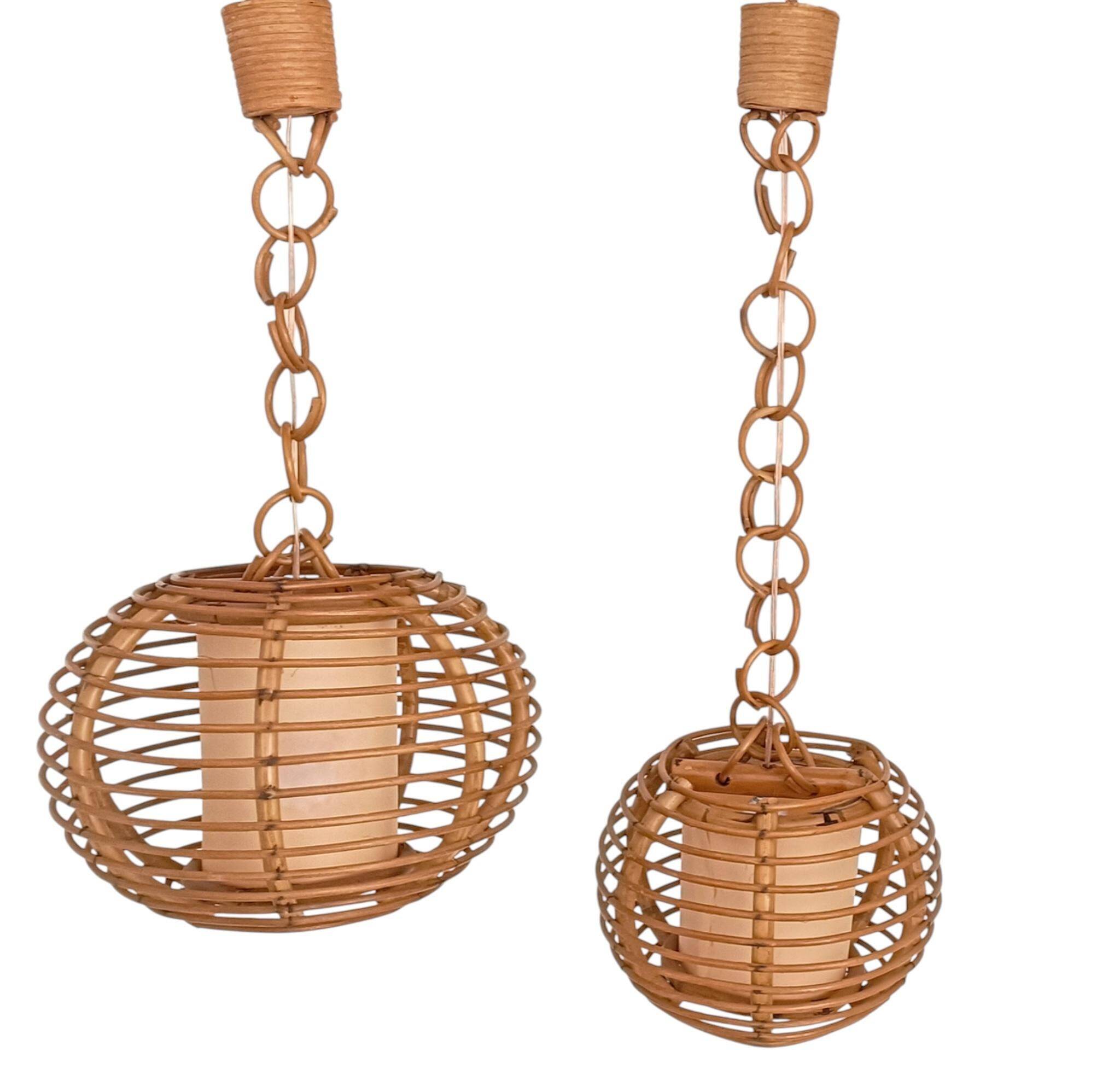Mid-Century Globe Pendant Lamps, Bamboo & Rattan, c. 1960s
