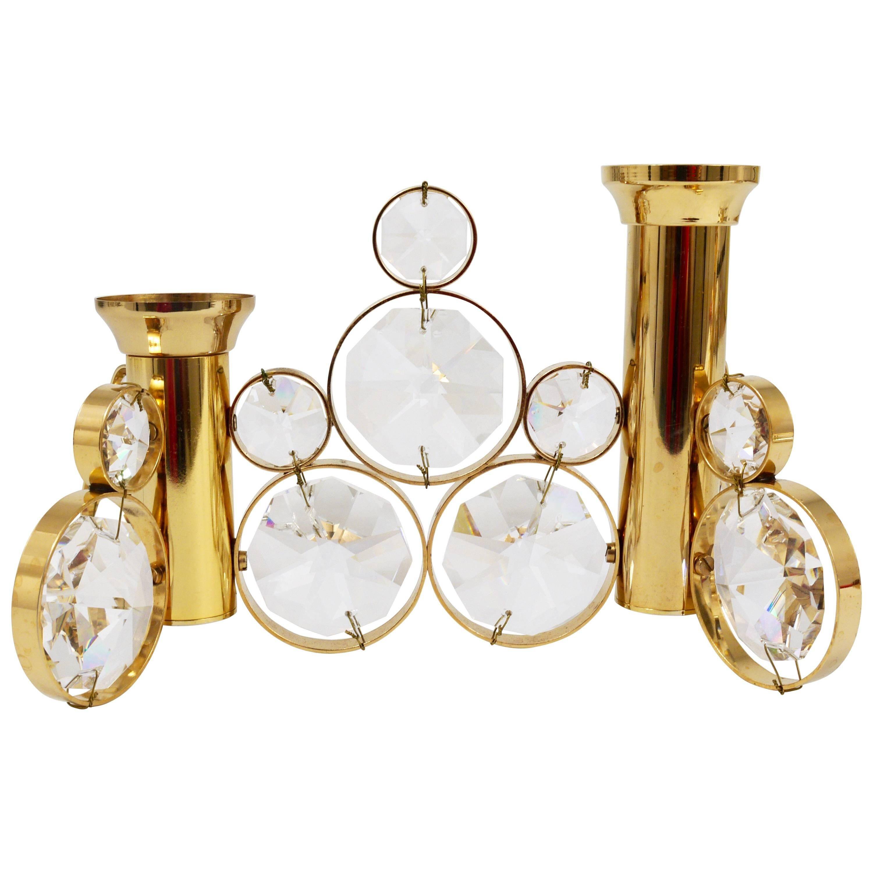 Palwa Gaetano Sciolari style porte-bougies en laiton et cristal, années 1970