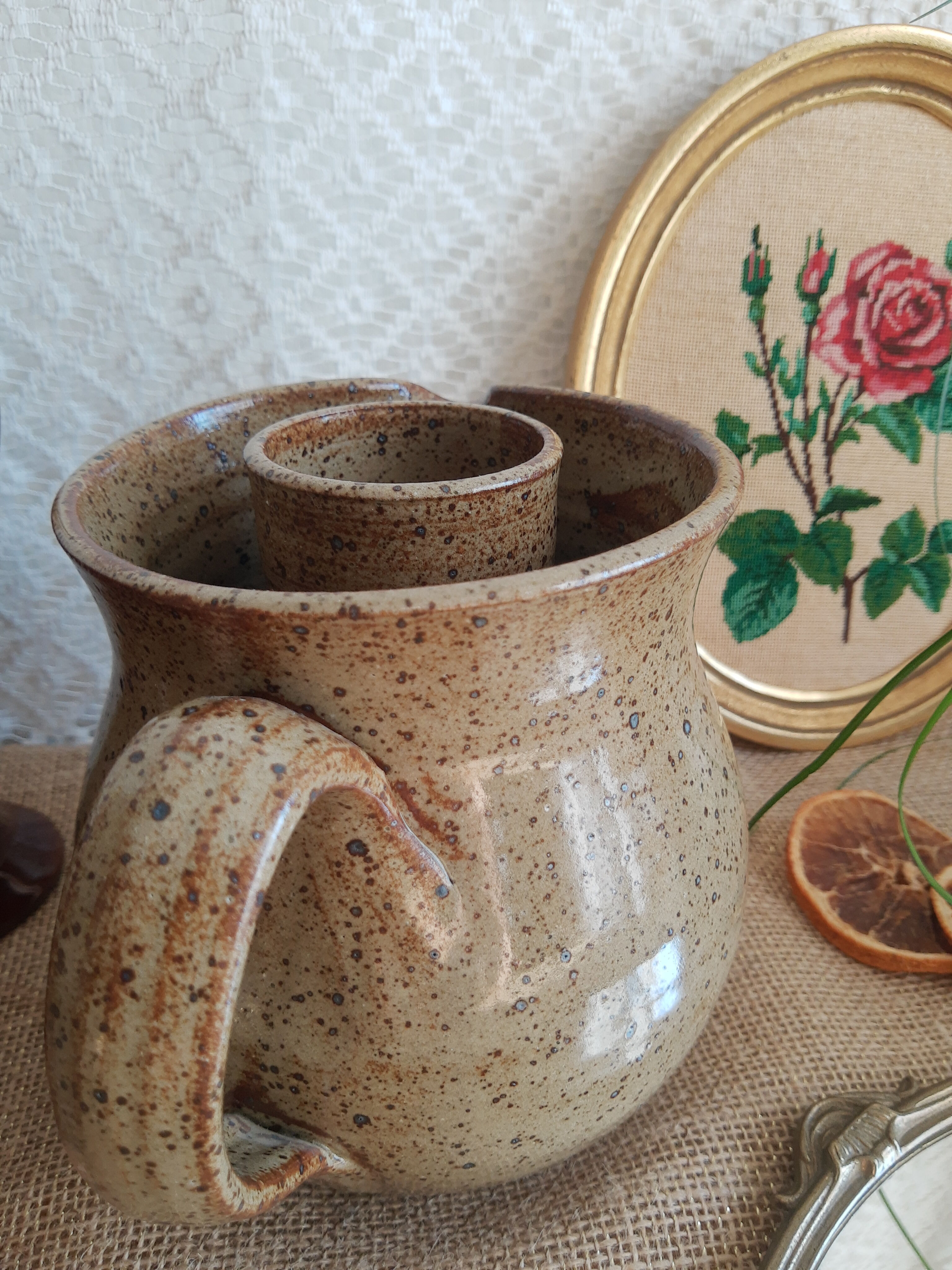 Enamelled stoneware decanter / pitcher with ice cube reserve - vintage