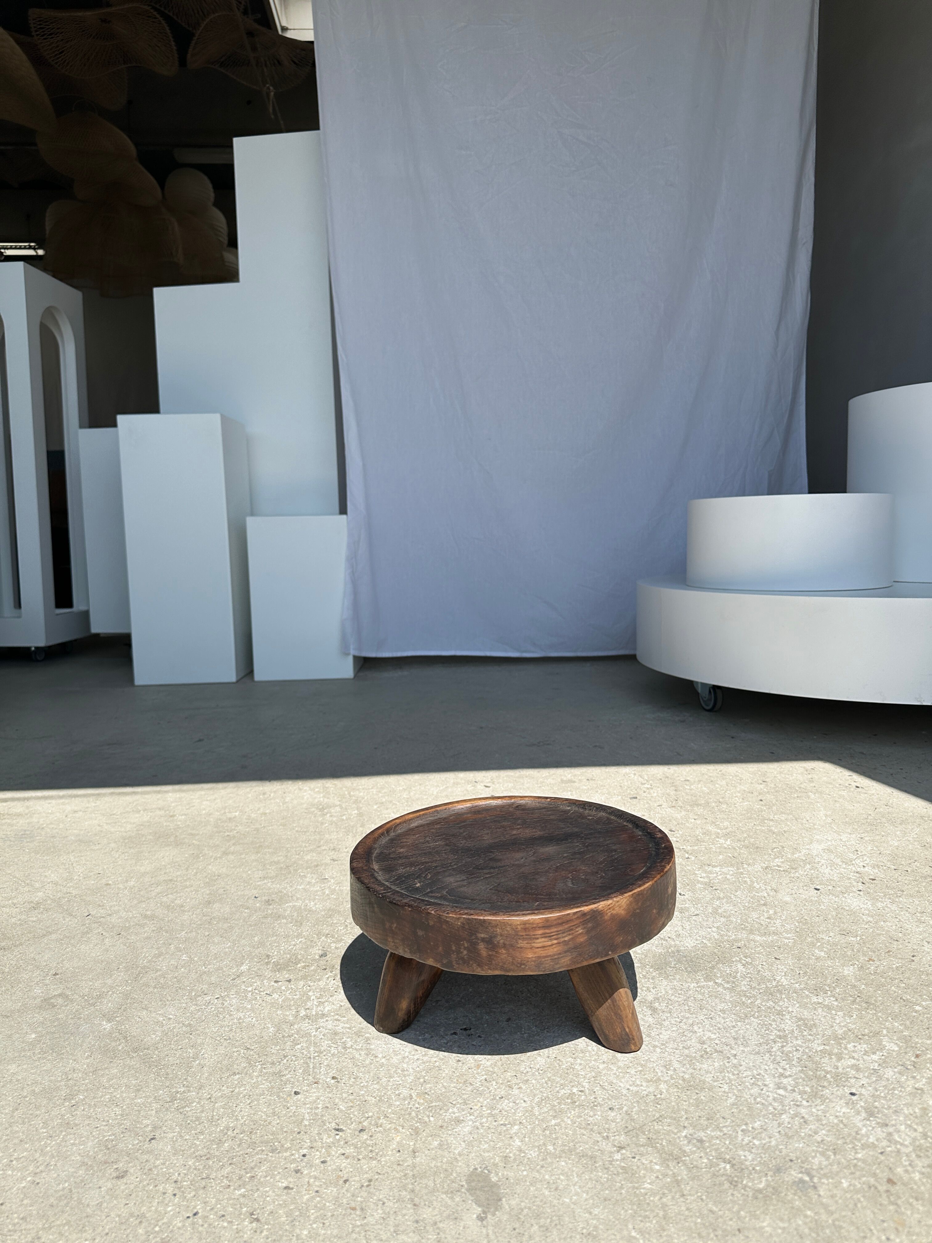 Small tripod stool low in dark brown upcycled teak