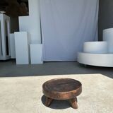 Small tripod stool low in dark brown upcycled teak