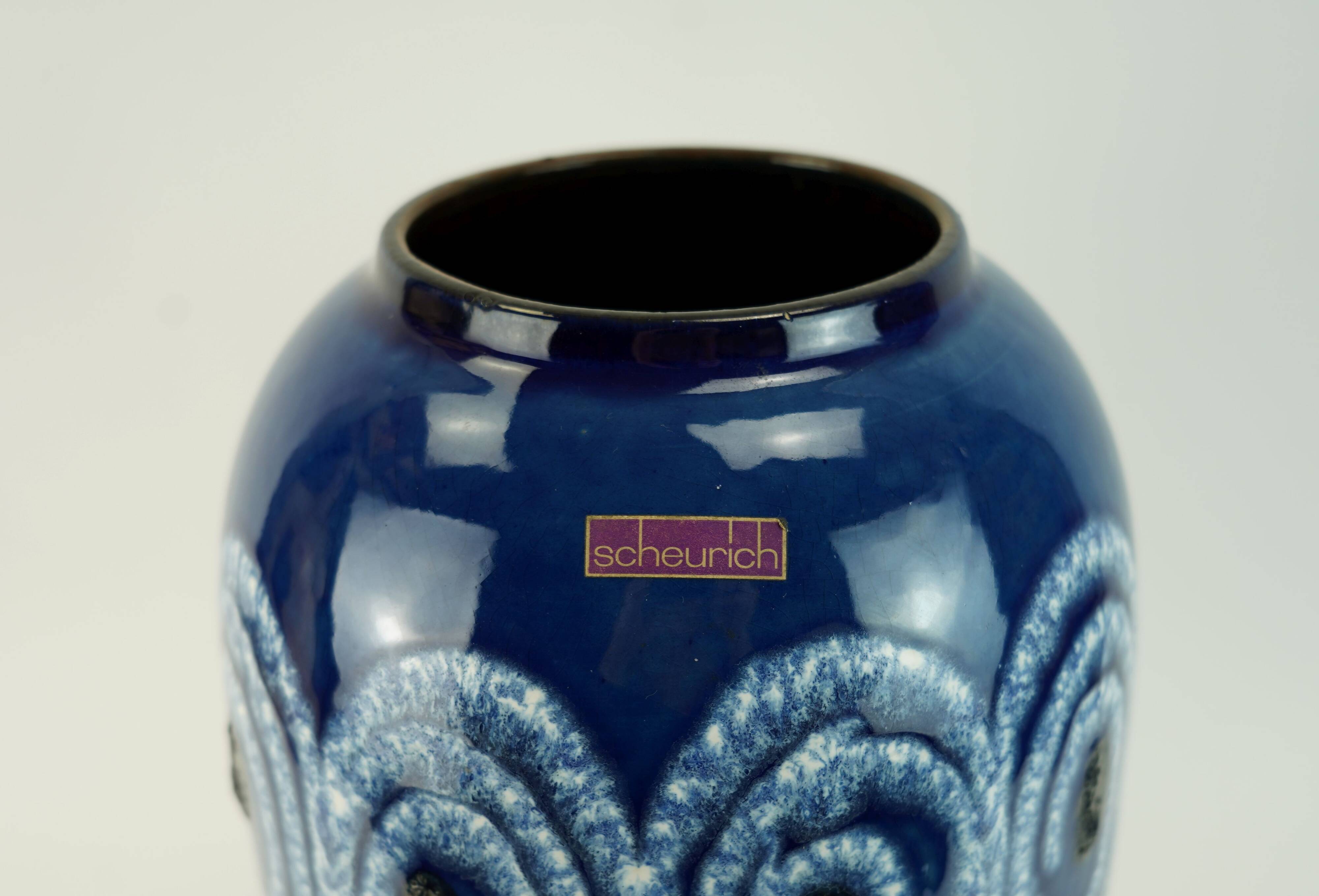 scheurich floor VASE blue with white swirl pattern fat lava model no.546-41