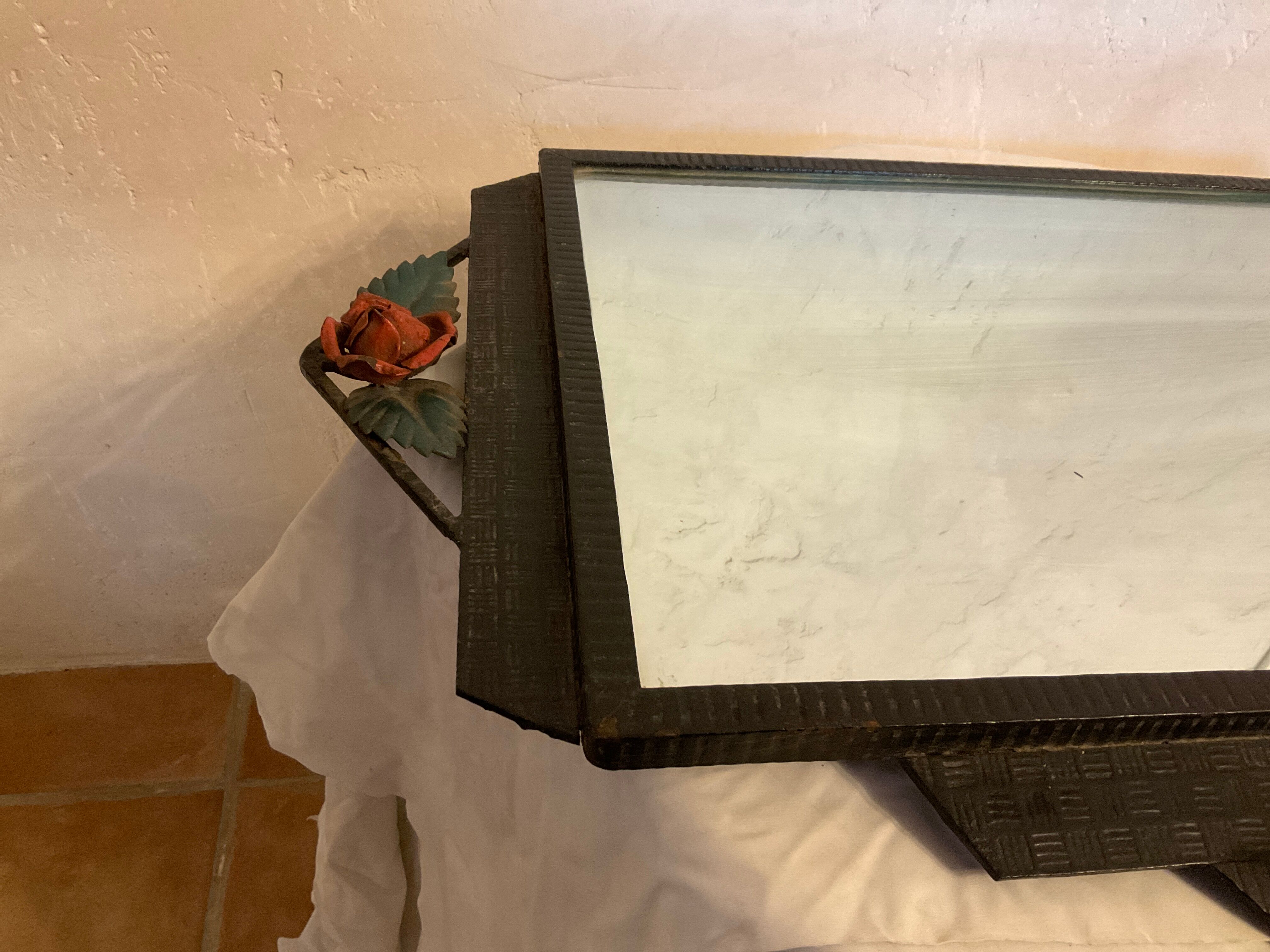 Art deco wrought iron wall mirror rose décor 64x38cm