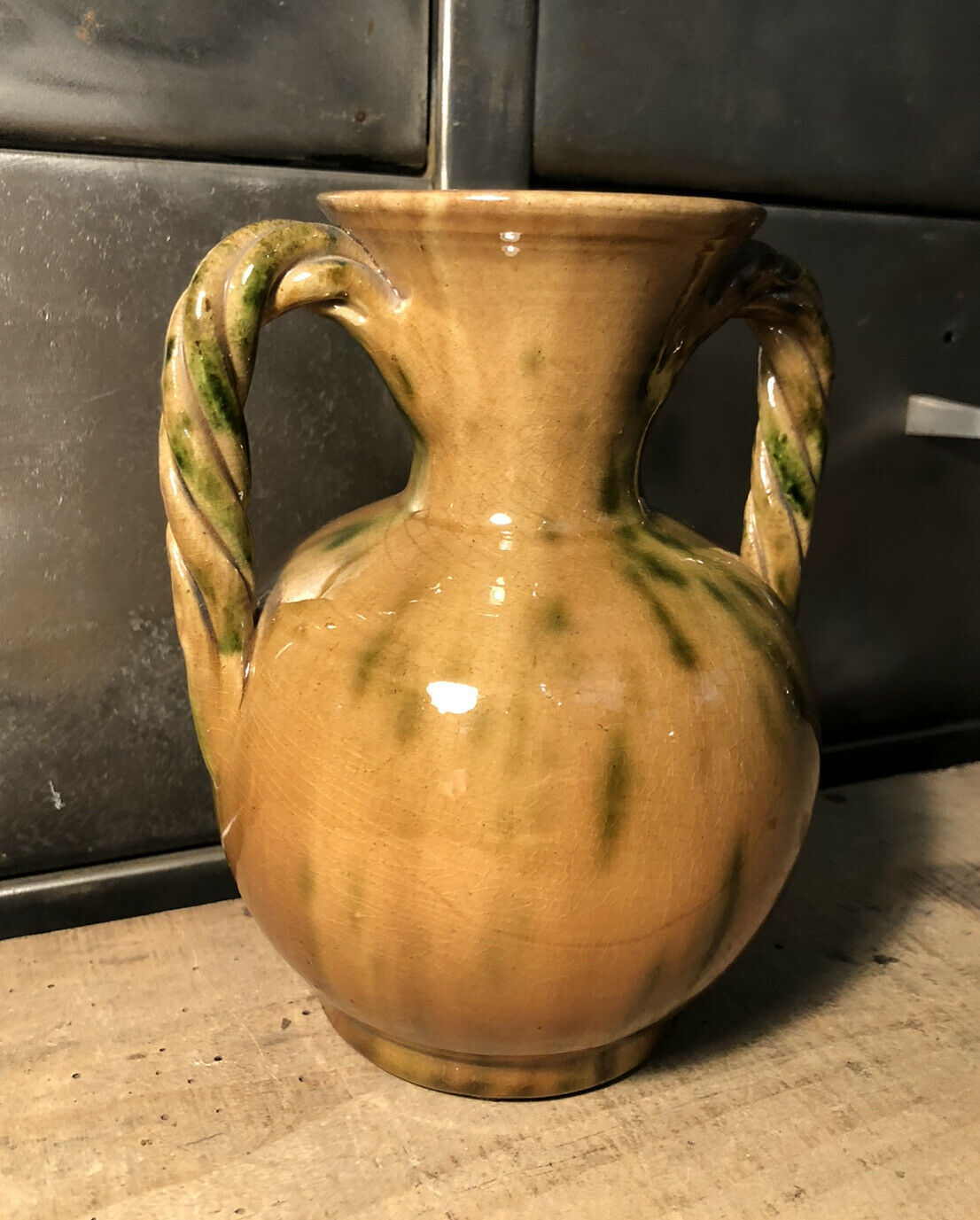 Handled vase in enameled ceramic, stamp to identify