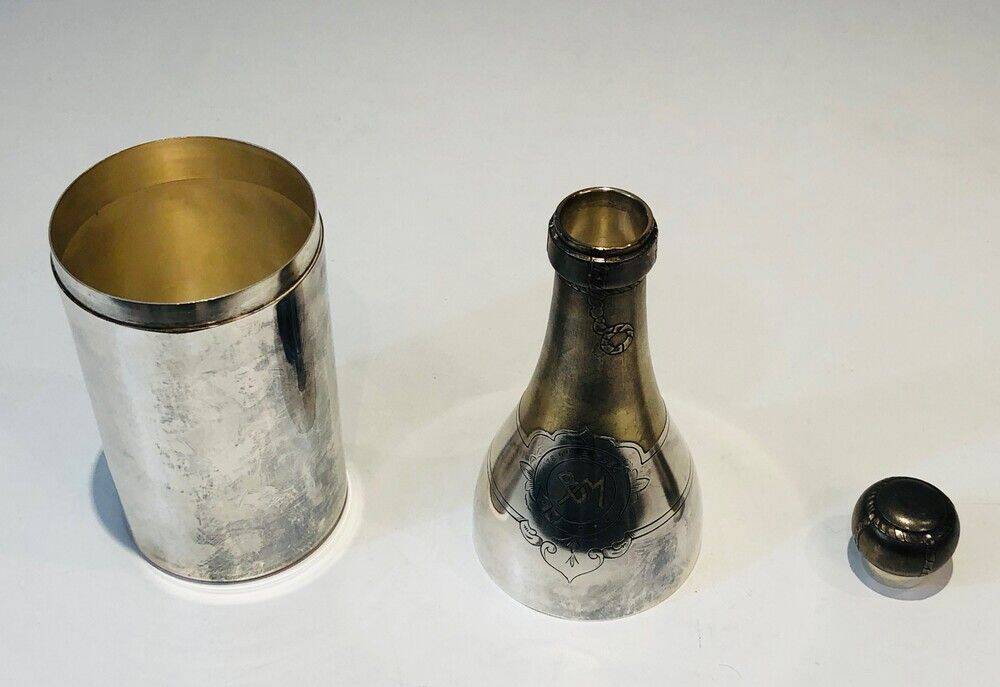 Rare silver-plated and brass shaker in the shape of a champagne bottle