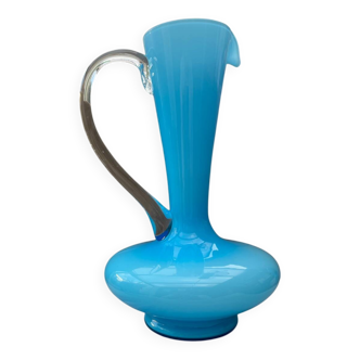 Blue opaline carafe vase with a transparent handle