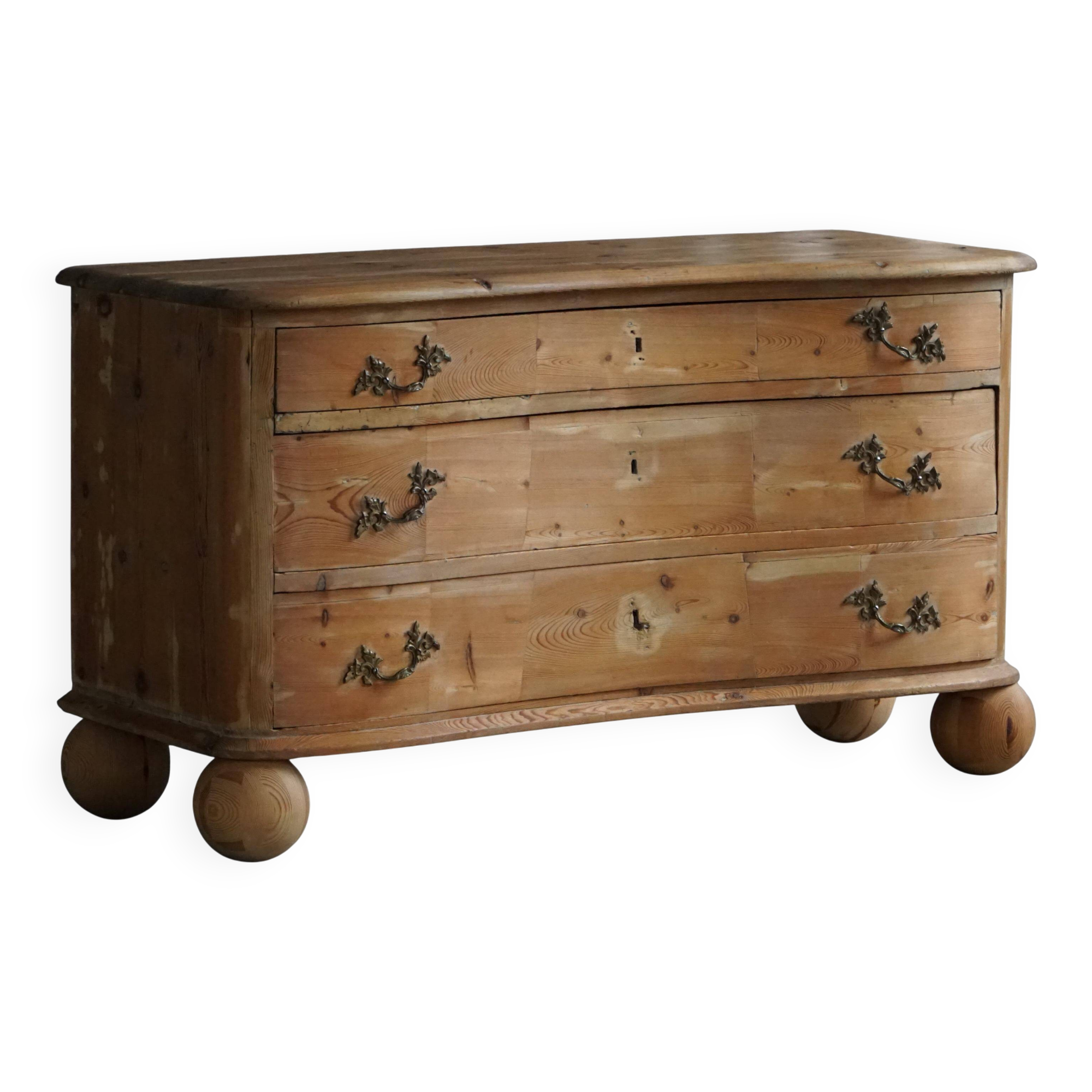 Antique Danish pine commode with ball feet, late 19th century.