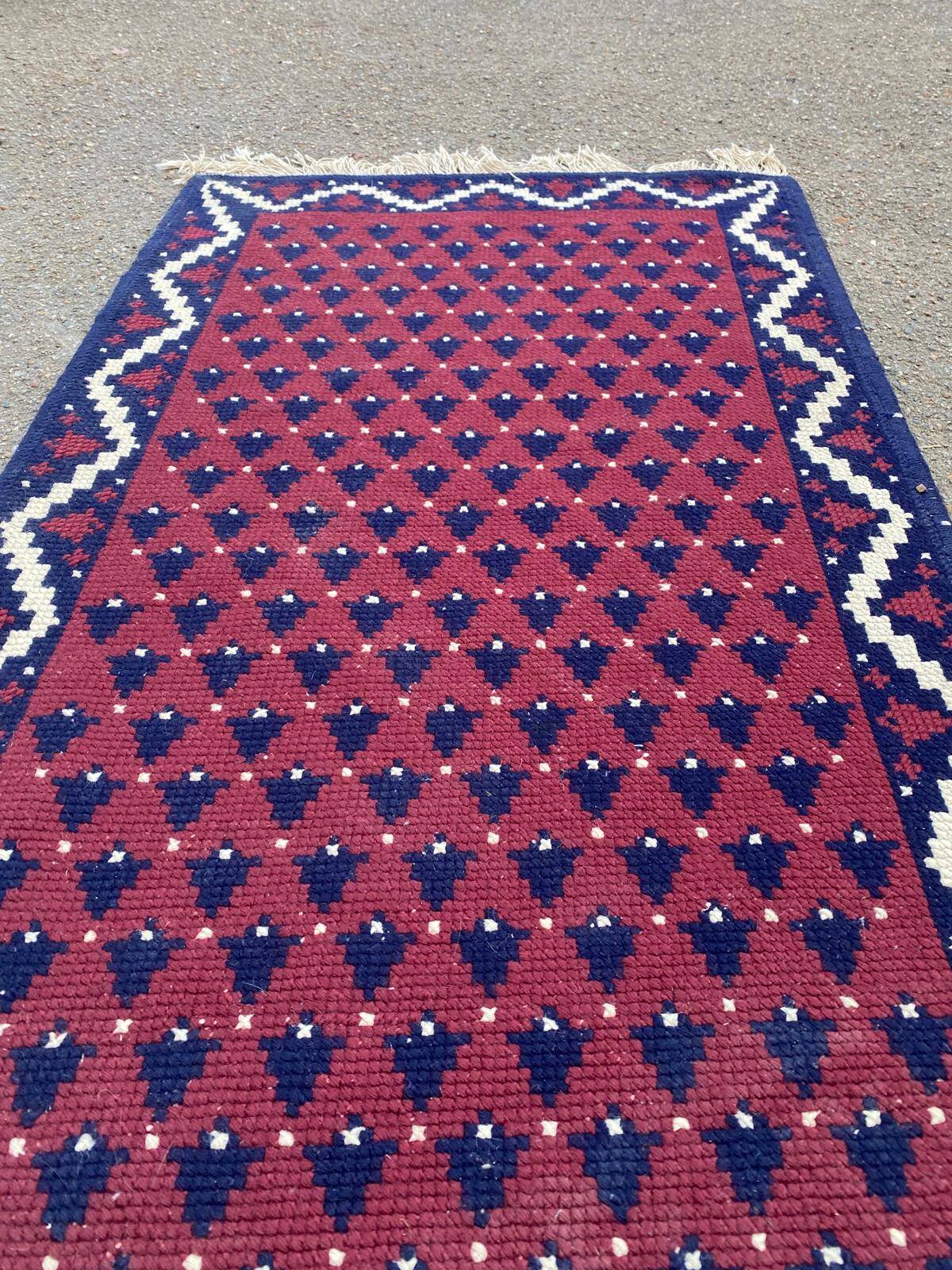 Hand-knotted wool rug 1970 80x140cm burgundy blue