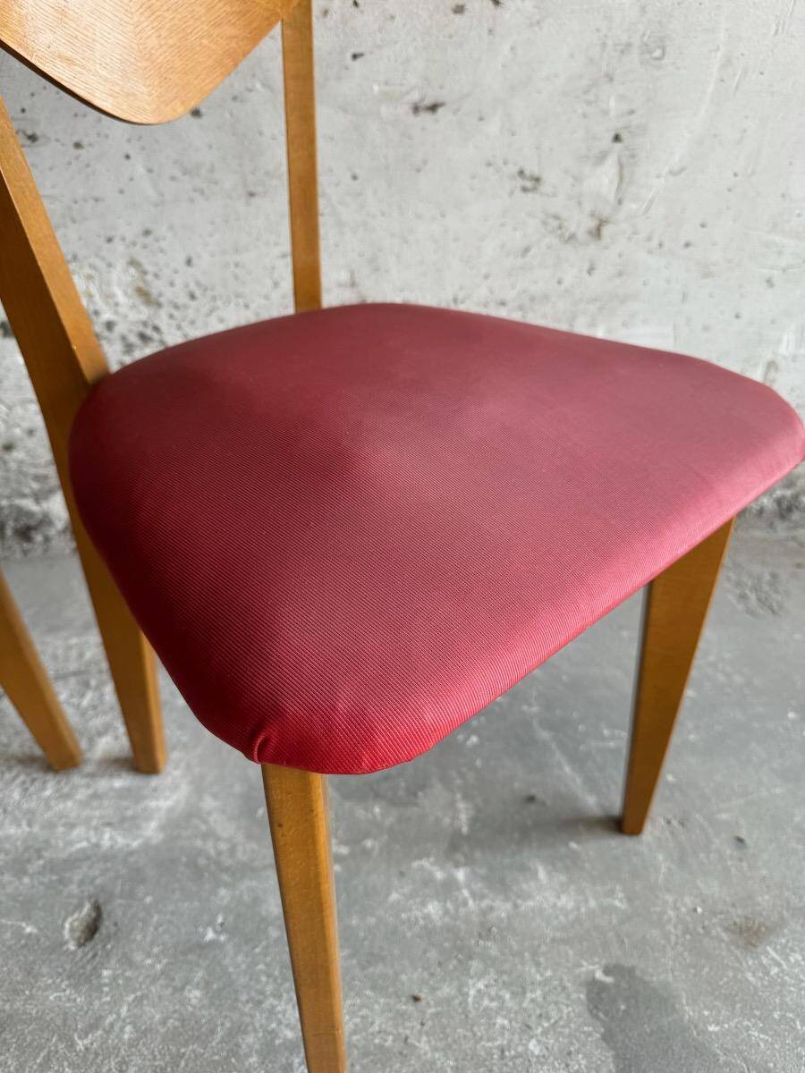 Ensemble de 6 chaises en forme de cœur de René-Jean Caillette, en bois courbé avec revêtement vert et bordeaux