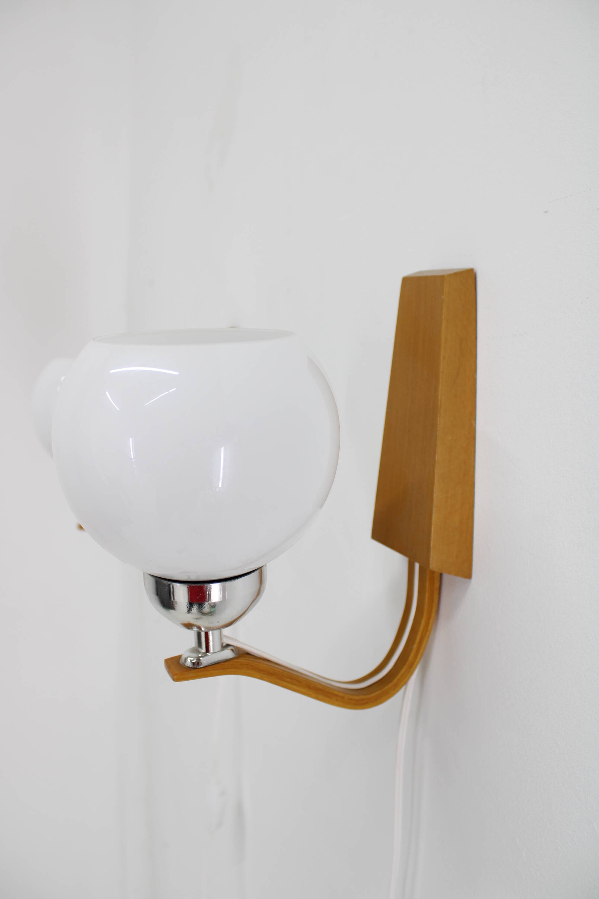 1960s Pair of Wooden Wall Lamps with Glass Shades by Drevo Humpolec, Czechoslovakia