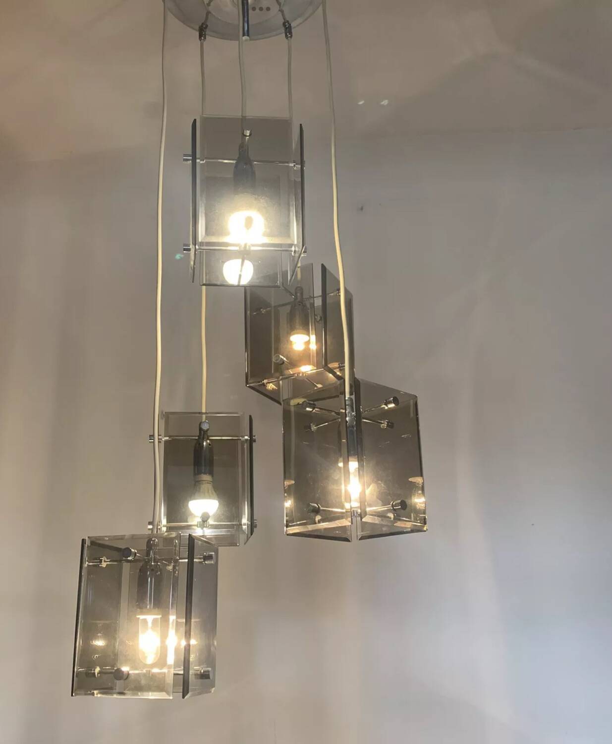 Cascade Chandelier Smoked Glass Beveled 5 Lights Italy 60's DLG Fontana A