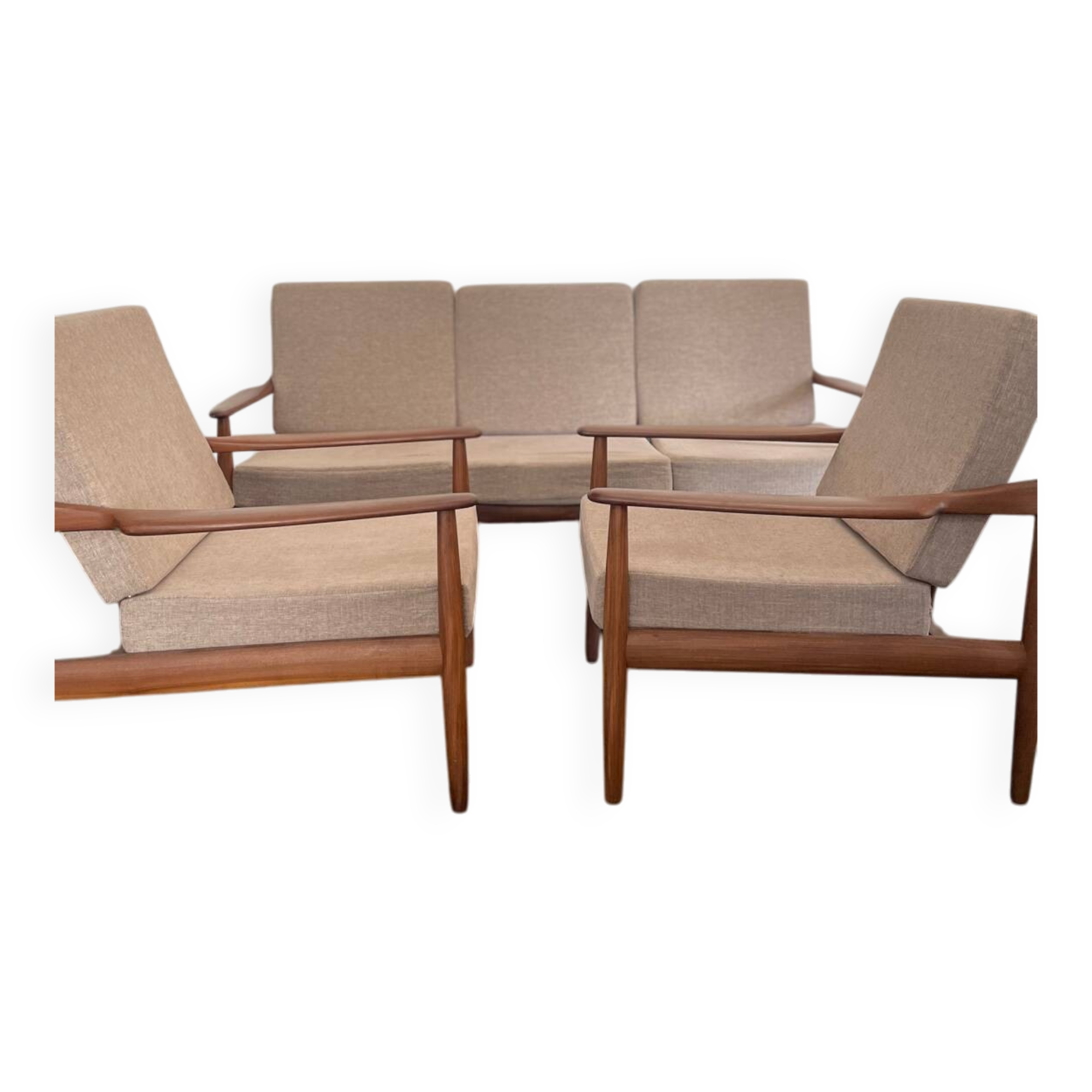 Vintage Scandinavian teak lounge — 3-seater sofa and two armchairs.