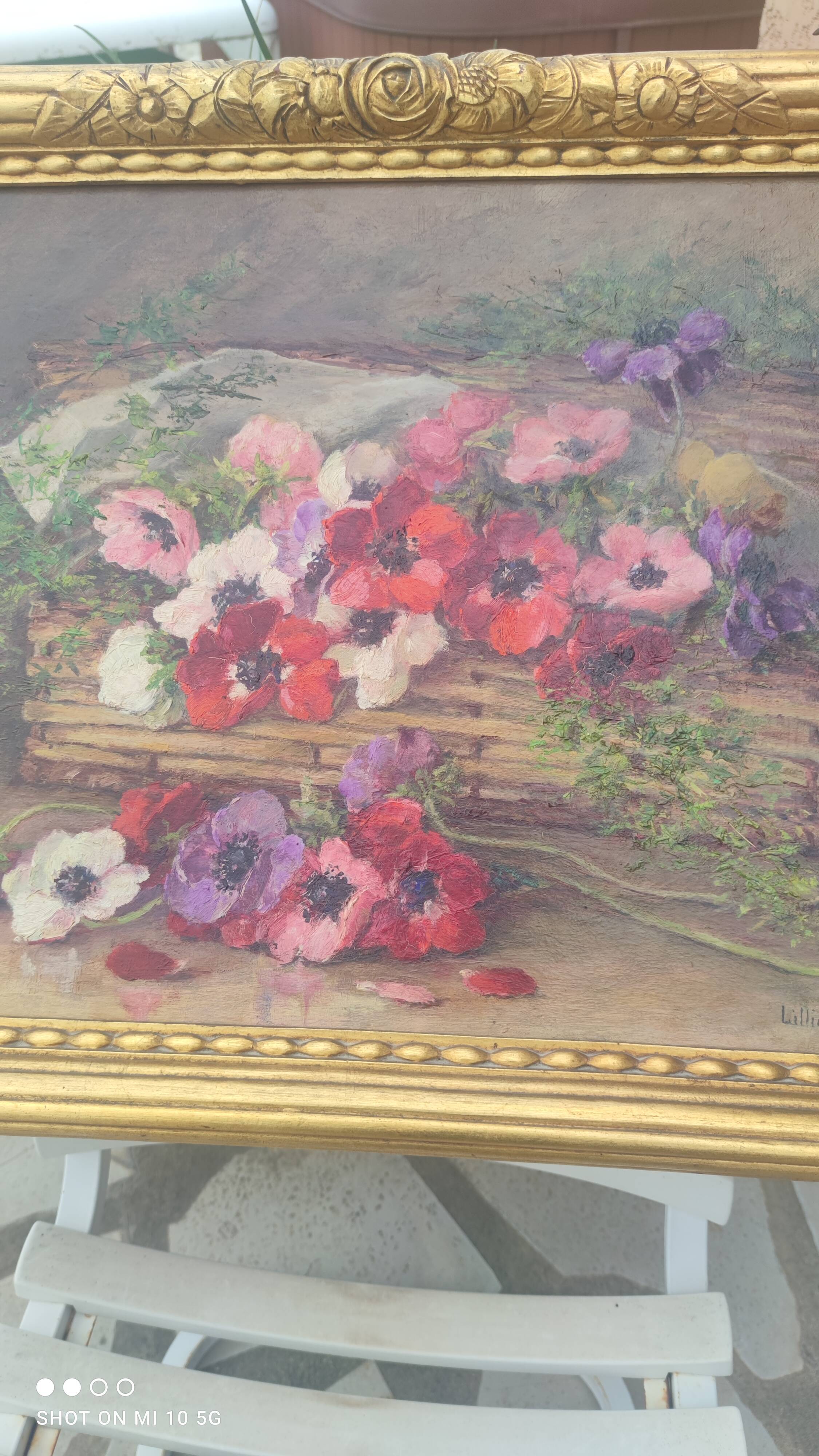 Still life painting, bouquet of flowers, oil on wood by Lillie Honnorat