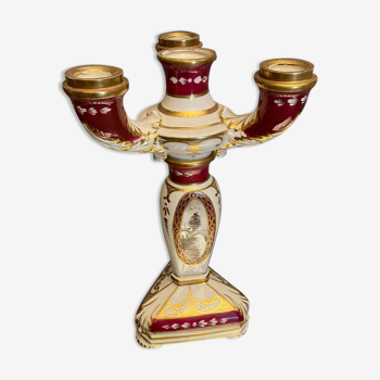 Capo di Monte porcelain 3-branched candlestick with medallion landscape decoration