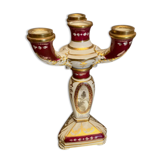 Capo di Monte porcelain 3-branched candlestick with medallion landscape decoration