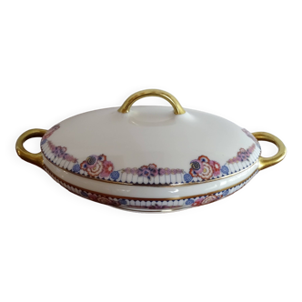 Soupière Art Deco porcelaine de Limoges UML fleurs et dorure - 31,5 cm