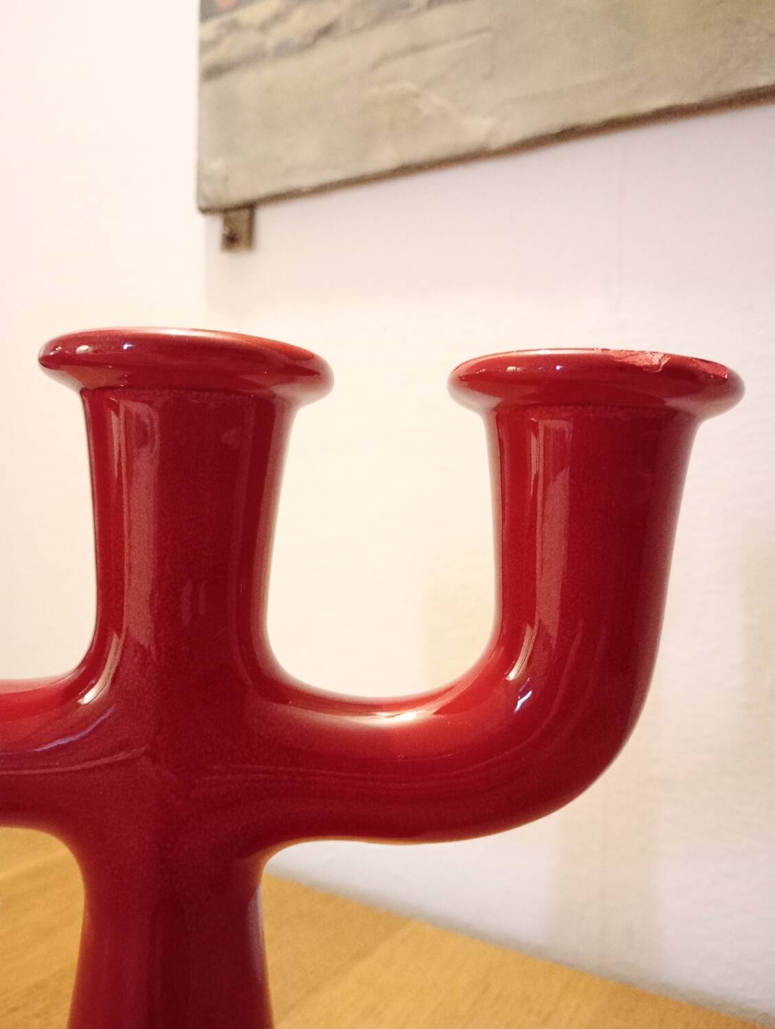 Red ceramic candleholder, italy 1970s