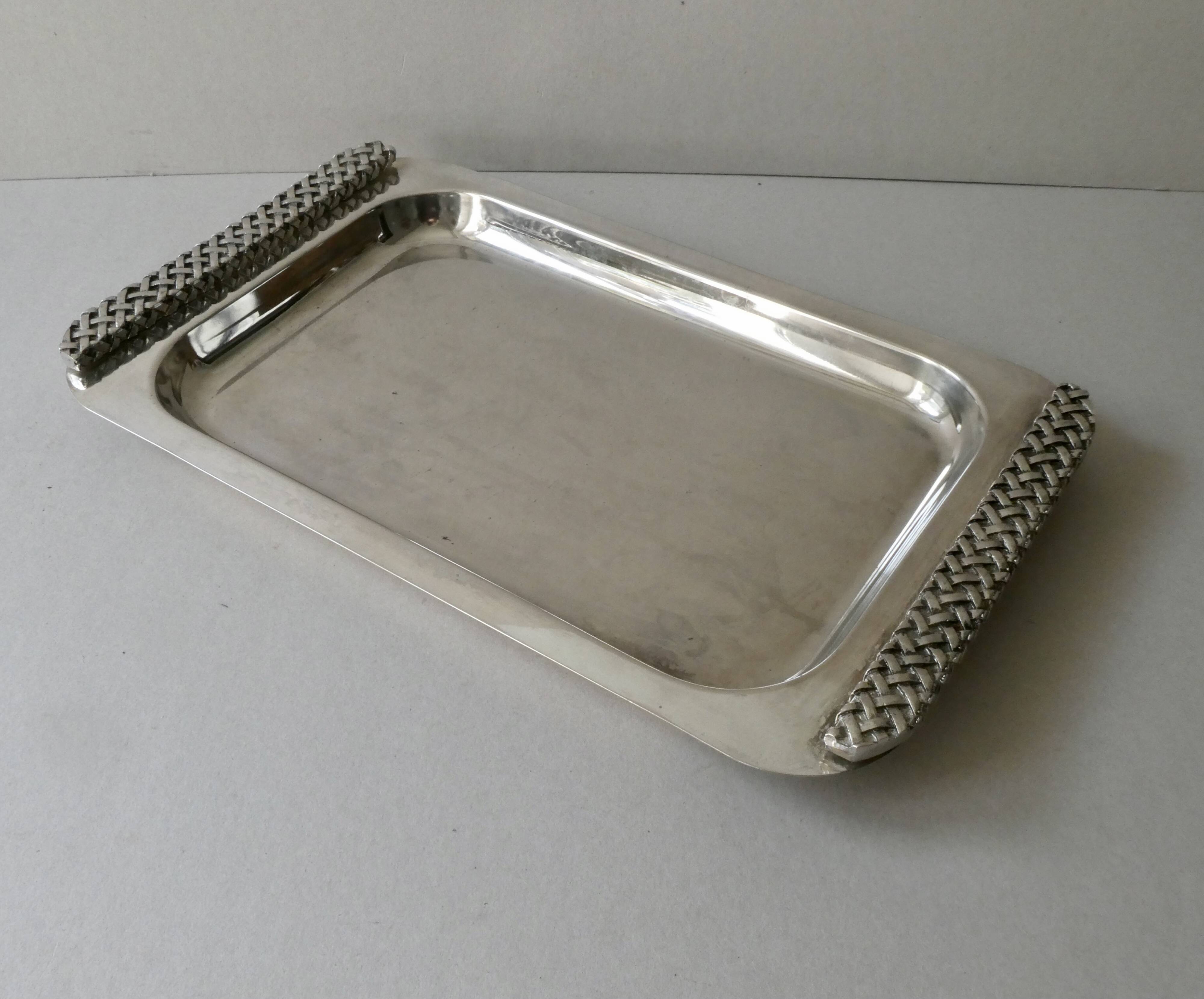 Silver metal tray with braided effect handles