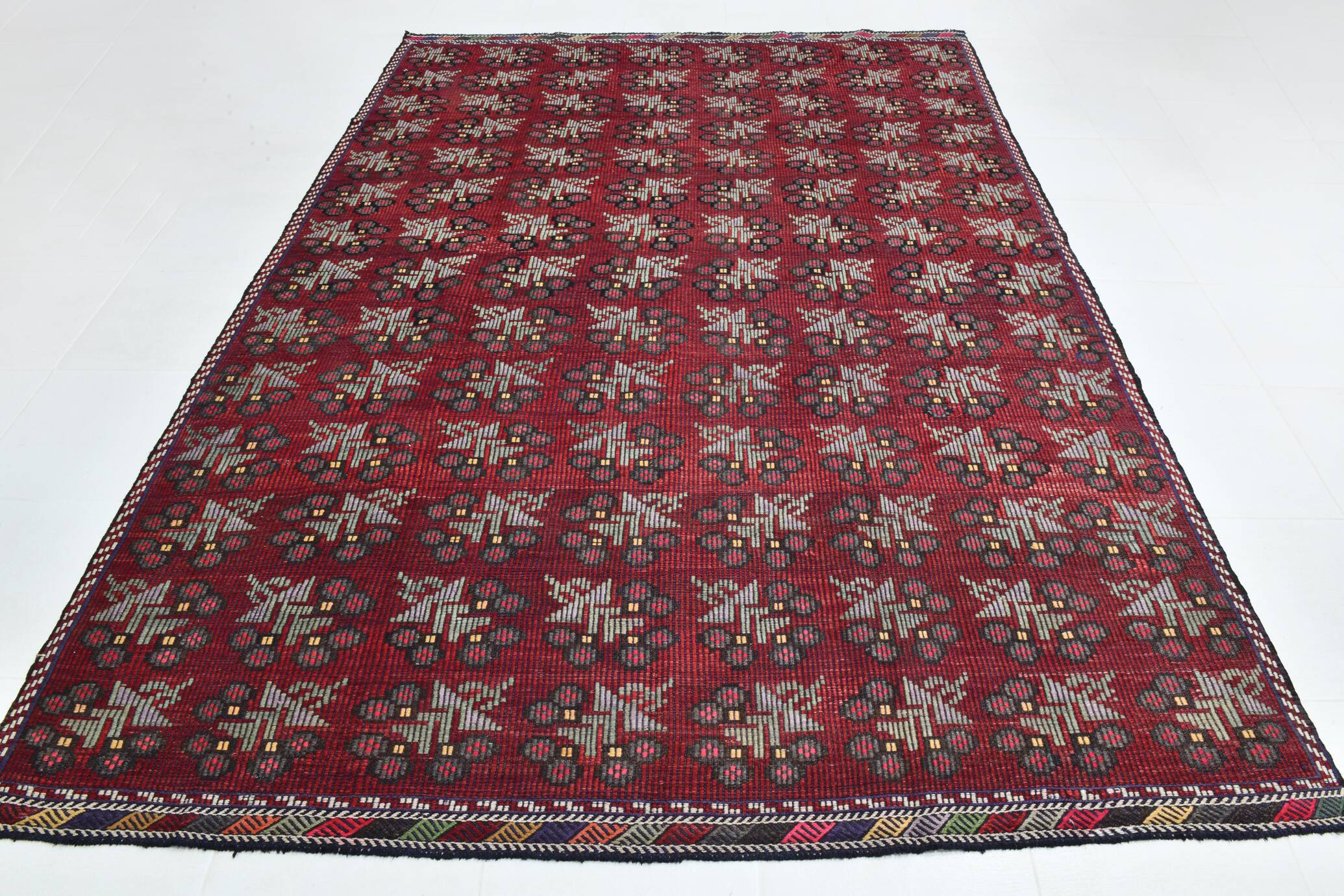 Neutral Wool Turkish Red Kilim Rug, 218x311 Cm