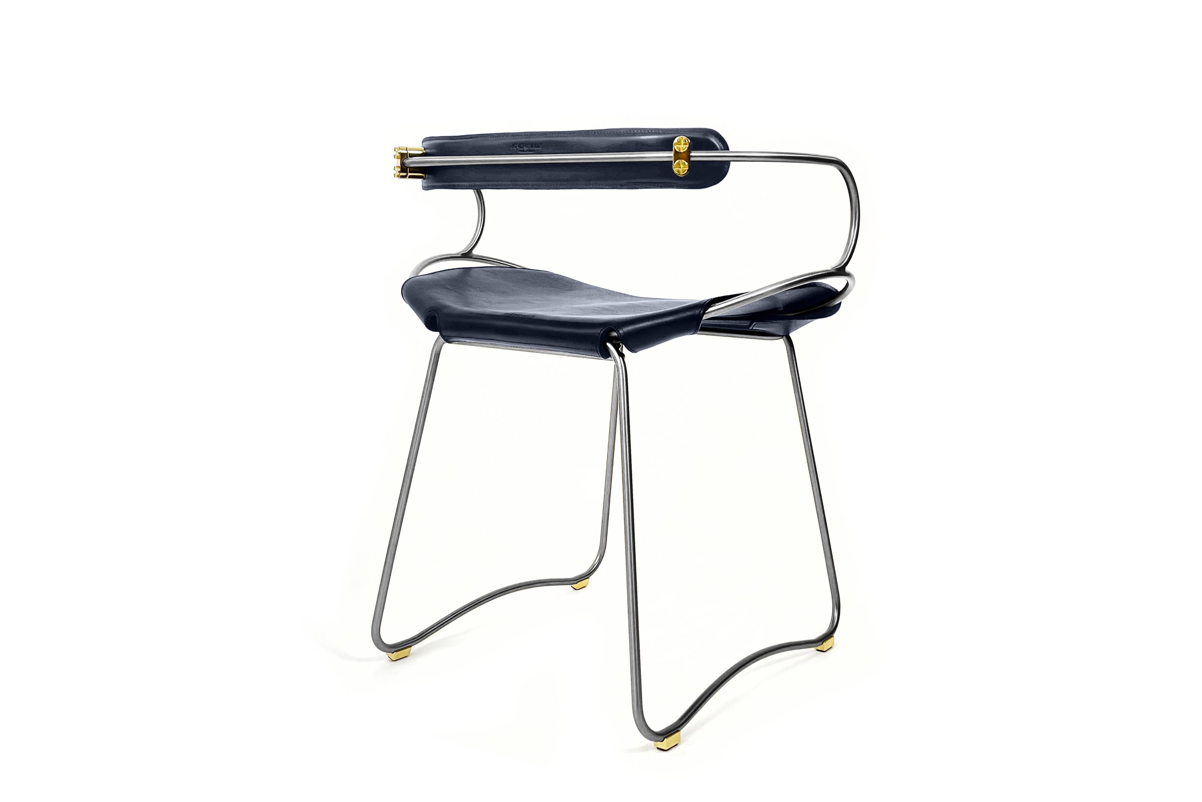 Contemporary sculptural bar stool c. Aged Silver Metal Backrest and Navy Blue Leather