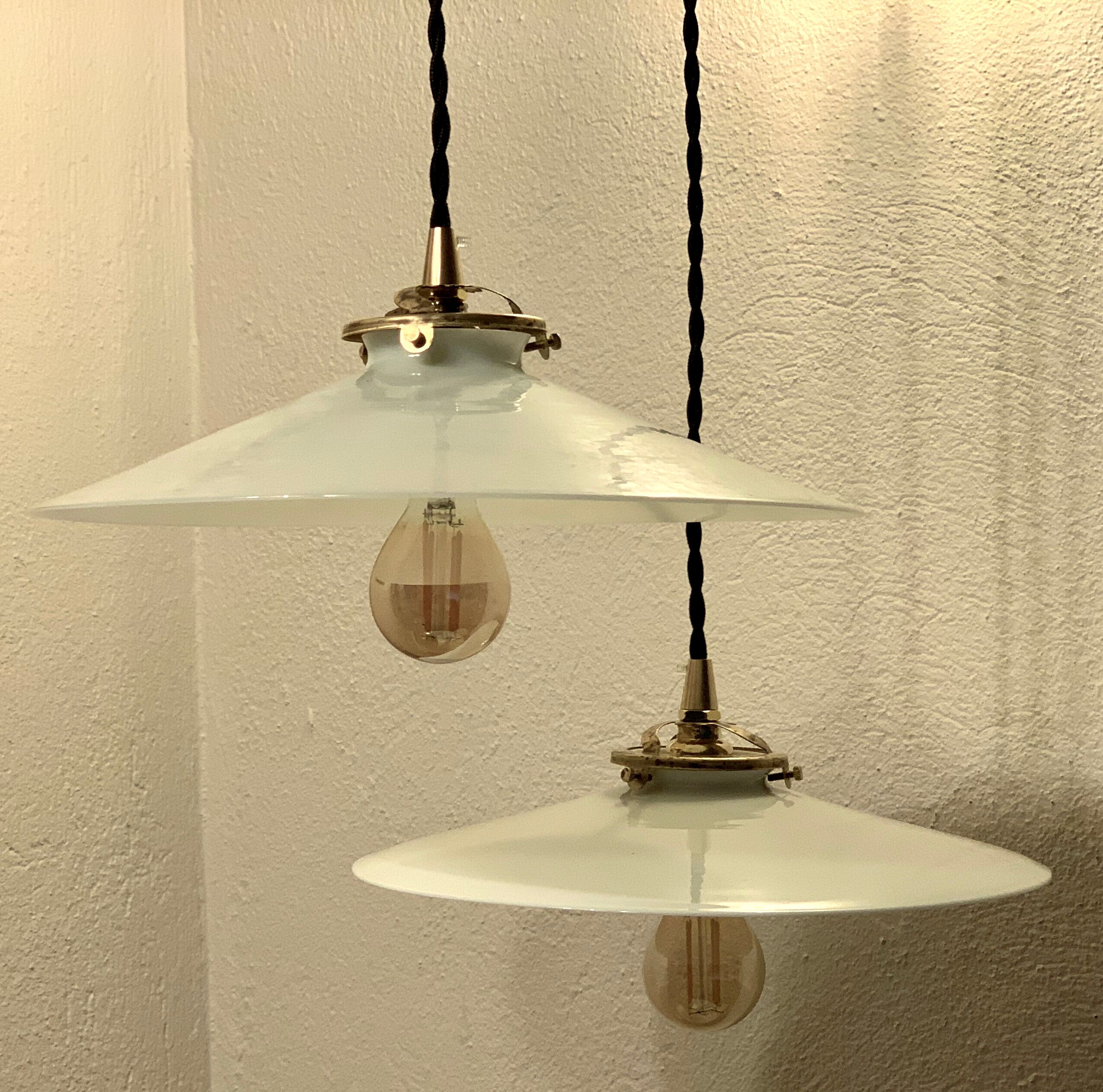 Pair of suspensions bistrot 1920 opaline indus