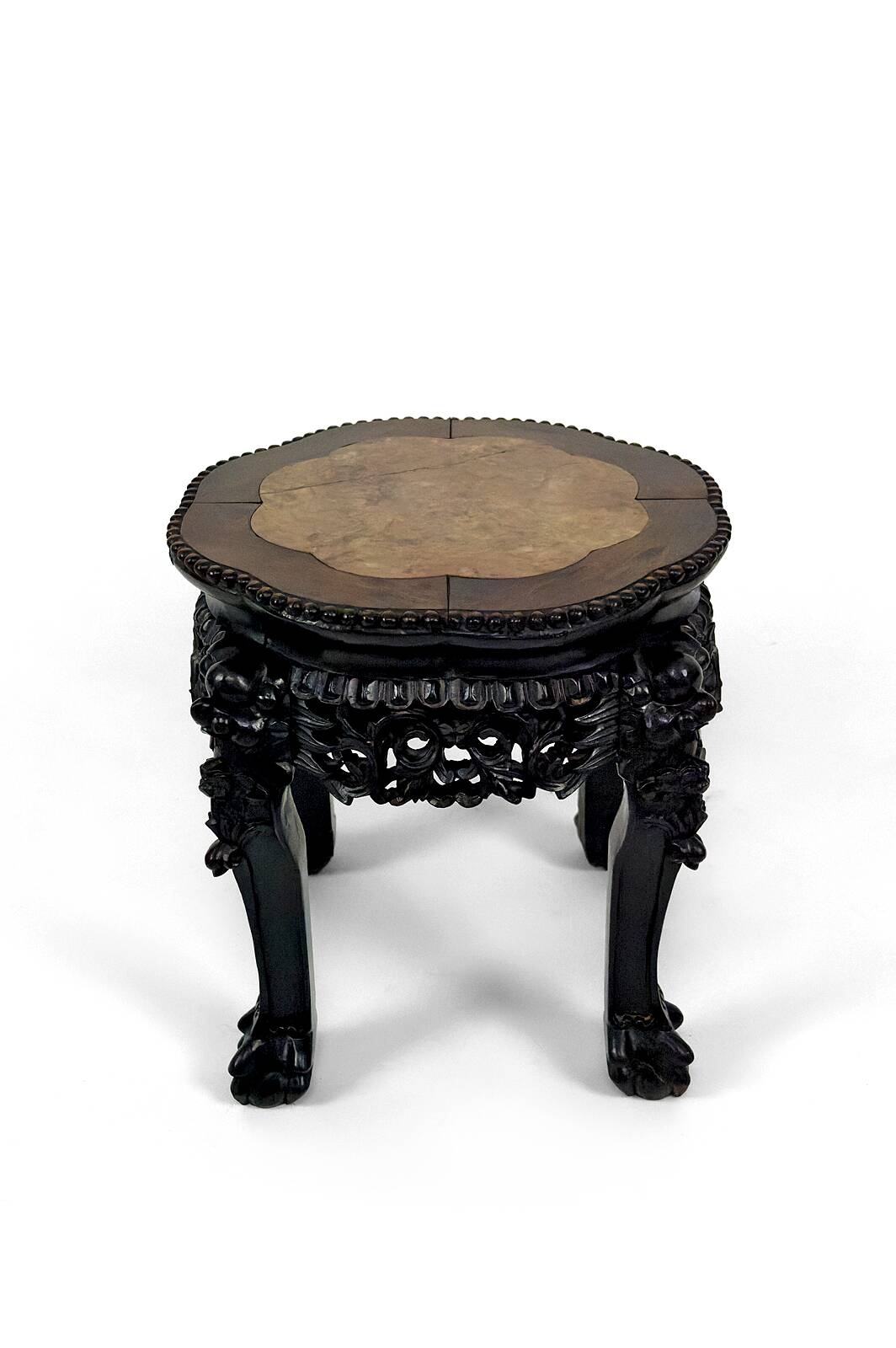 Asian wooden stand carved with Demons, marble top, Indochina, circa 1880