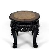 Asian wooden stand carved with Demons, marble top, Indochina, circa 1880