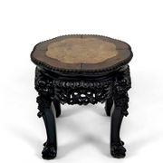 Asian wooden stand carved with Demons, marble top, Indochina, circa 1880