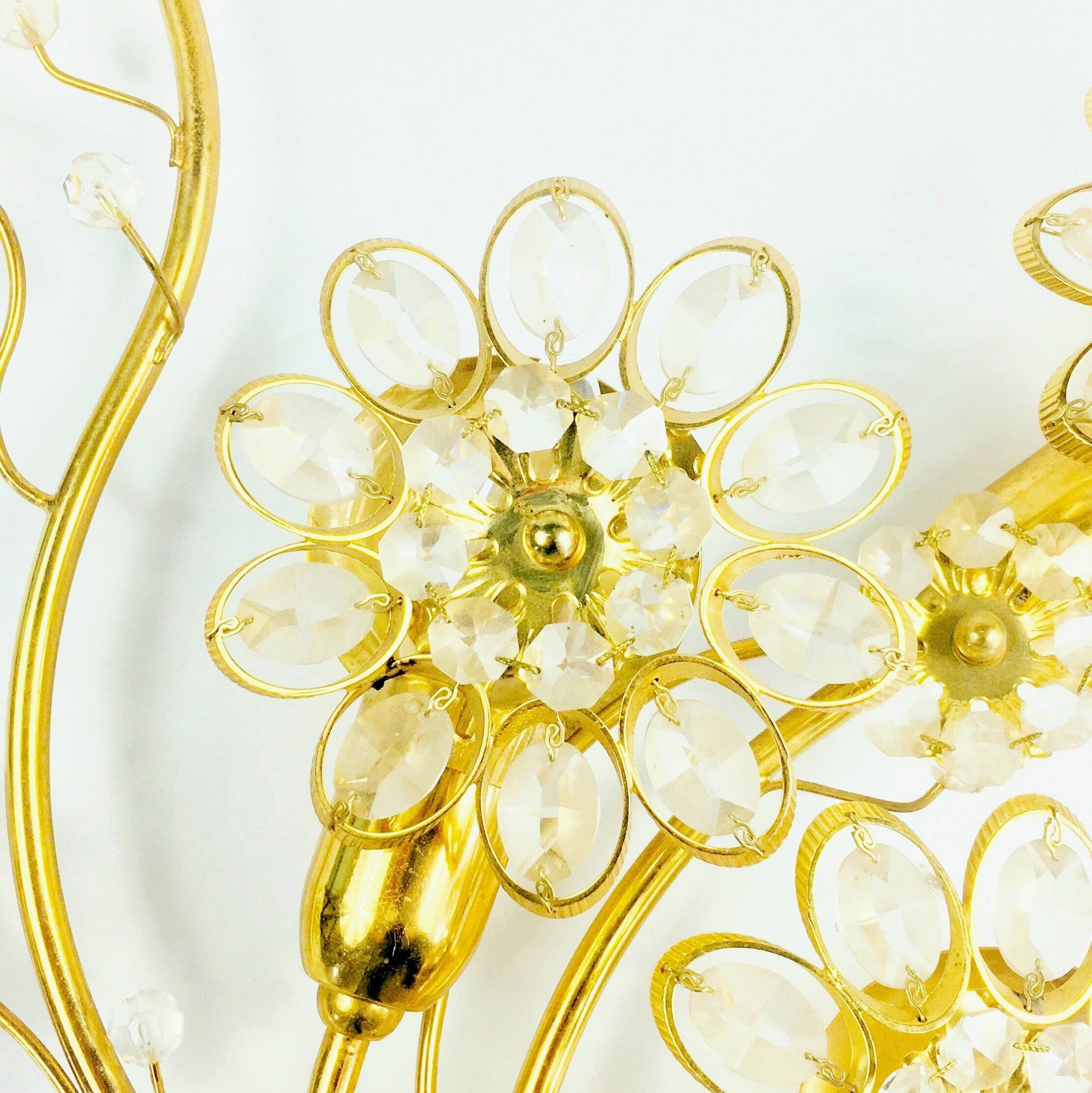 Large Gilt Brass & Crystal Flower Shape Wall Light from Palwa, 1970s