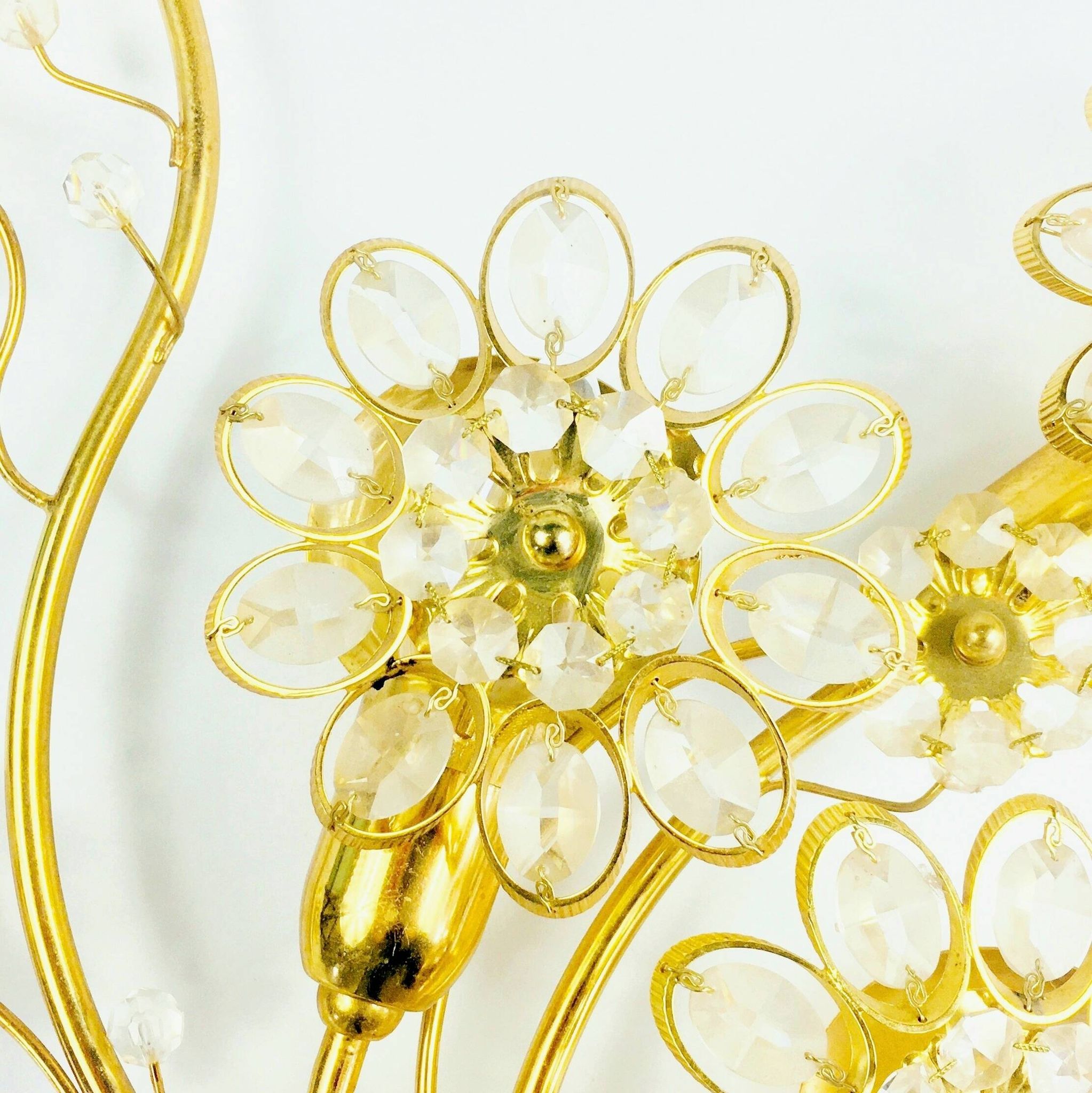 Large Gilt Brass & Crystal Flower Shape Wall Light from Palwa, 1970s
