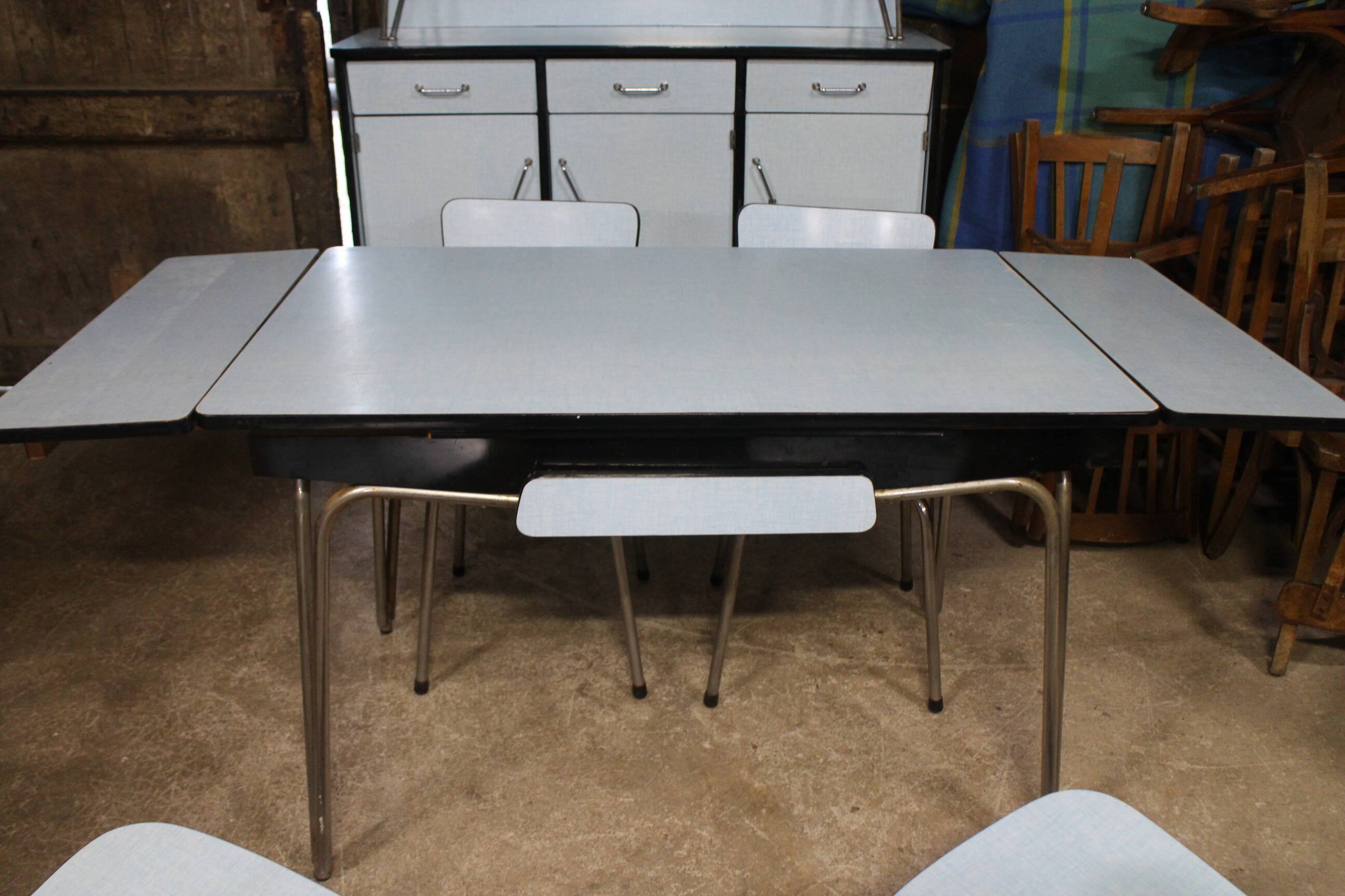 complete kitchen in blue formica buffet table and chairs