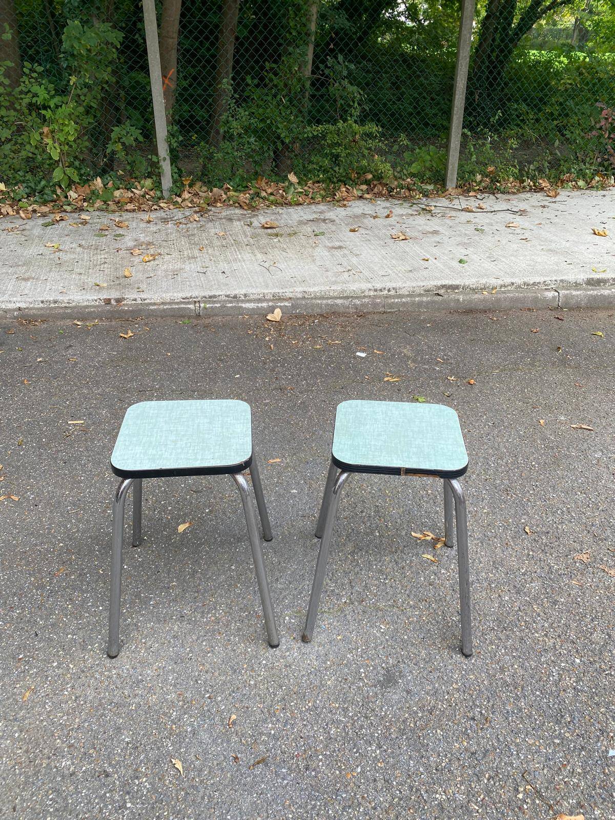 Pair of steel and formica stools, acqua green and steel