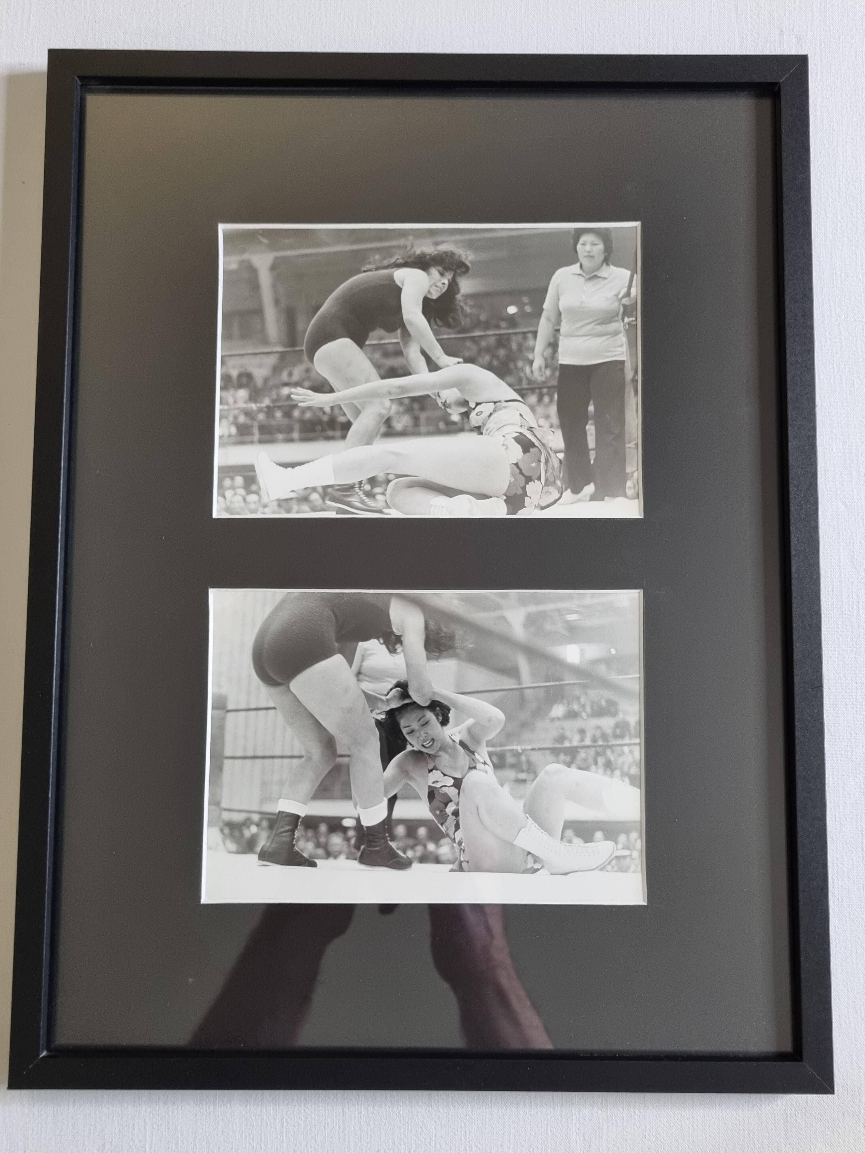 Vintage framed silver prints, women's wrestling, 1960s, 31 x 41 cm