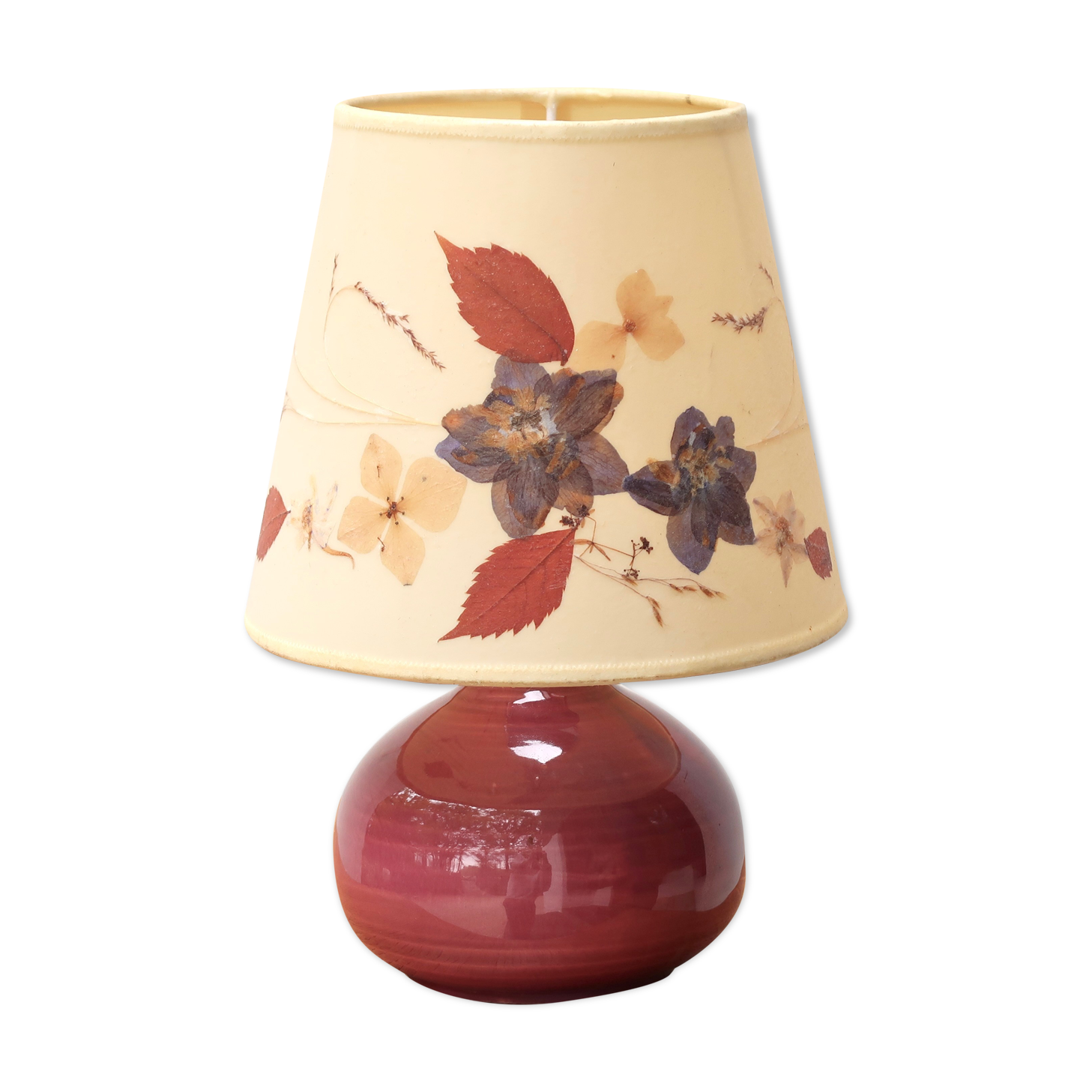 Pink ceramic lamp, herbarium-style lampshade, 70s