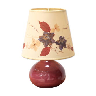 Lampe rose en céramique, abat jour façon herbier, années 70