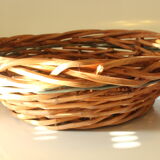 wicker serving tray, bread or fruit basket with wooden handles, braided, vintage