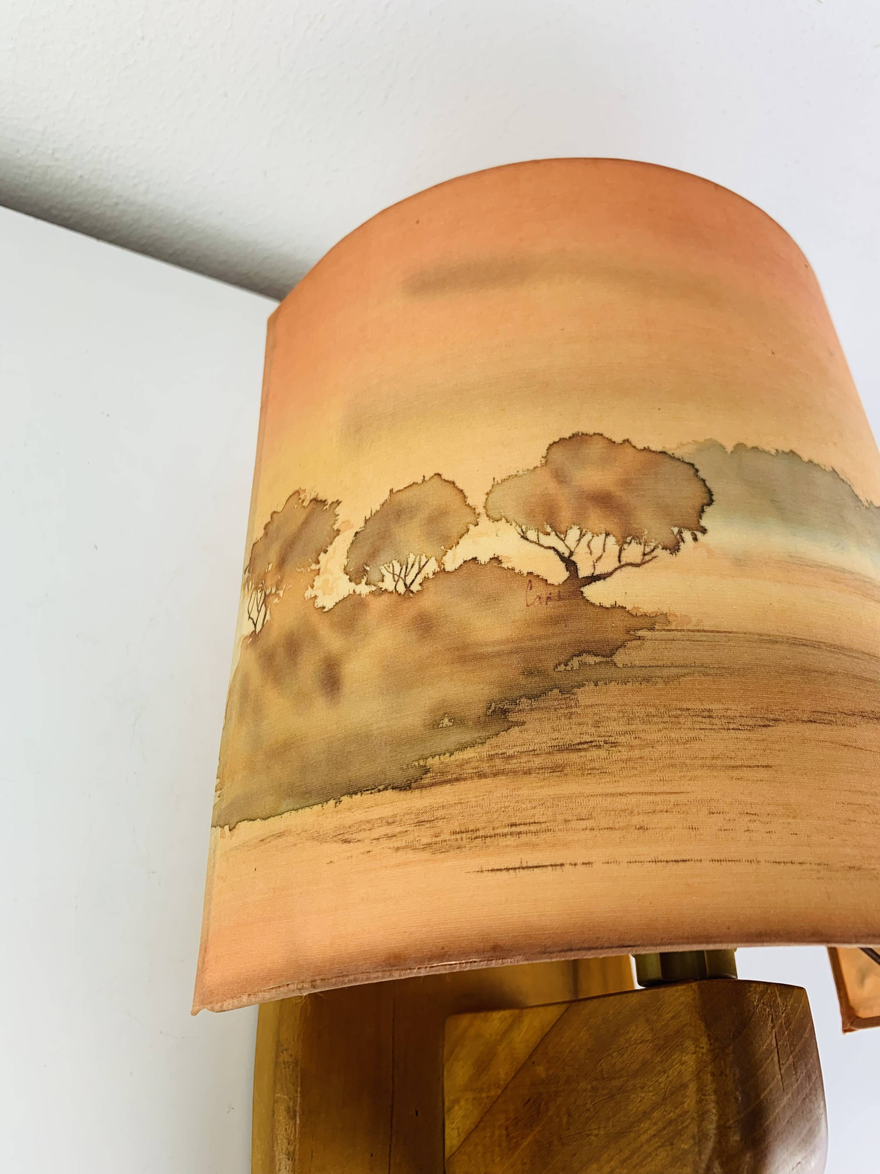 Wooden wall lamp and silk lampshade, vintage, 1960s.