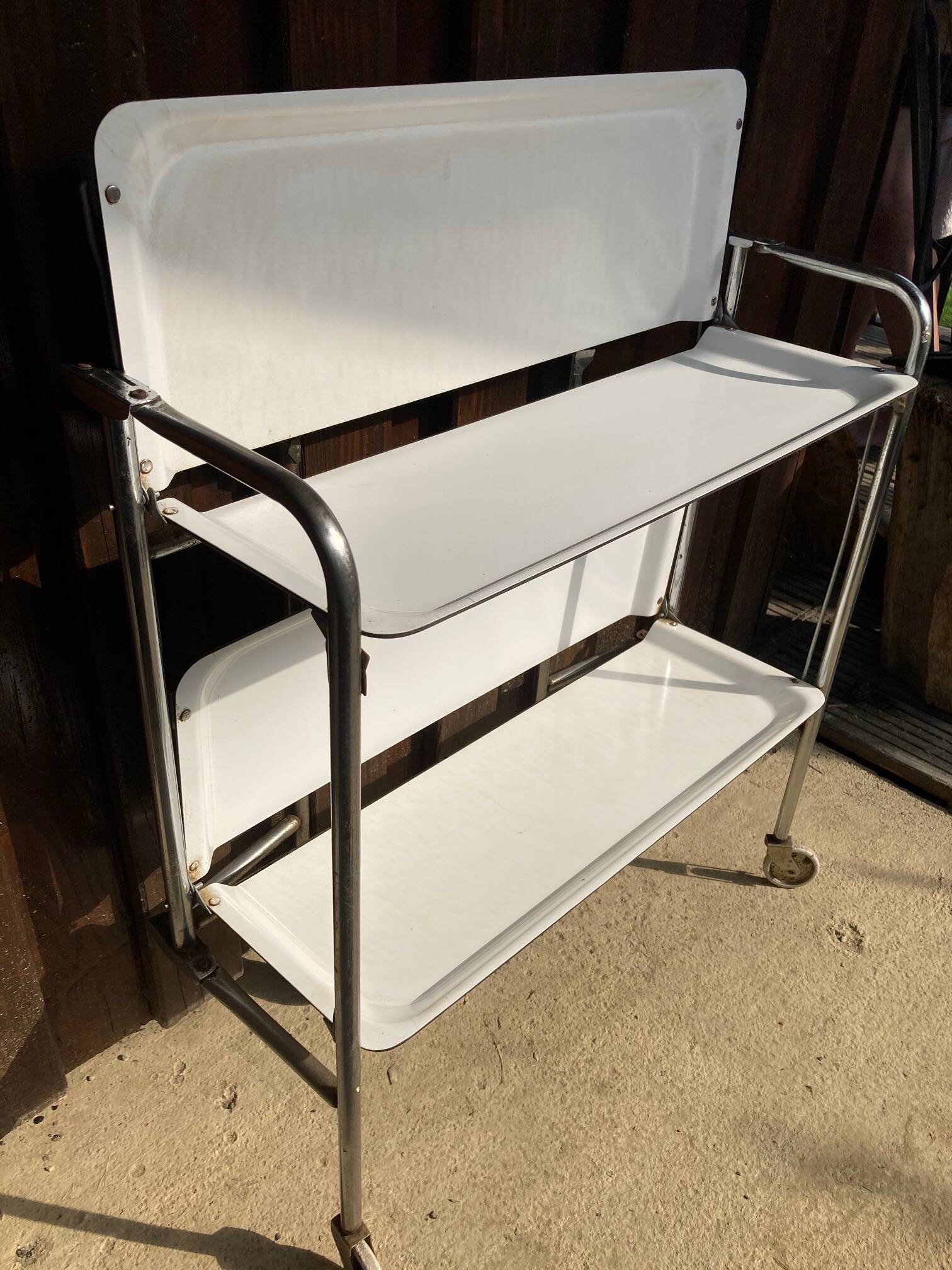Vintage serving trolley, white folding table, 70s design, vintage.