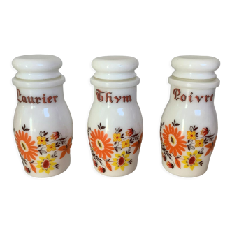 Trio of Arcopal flower pattern spice pots
