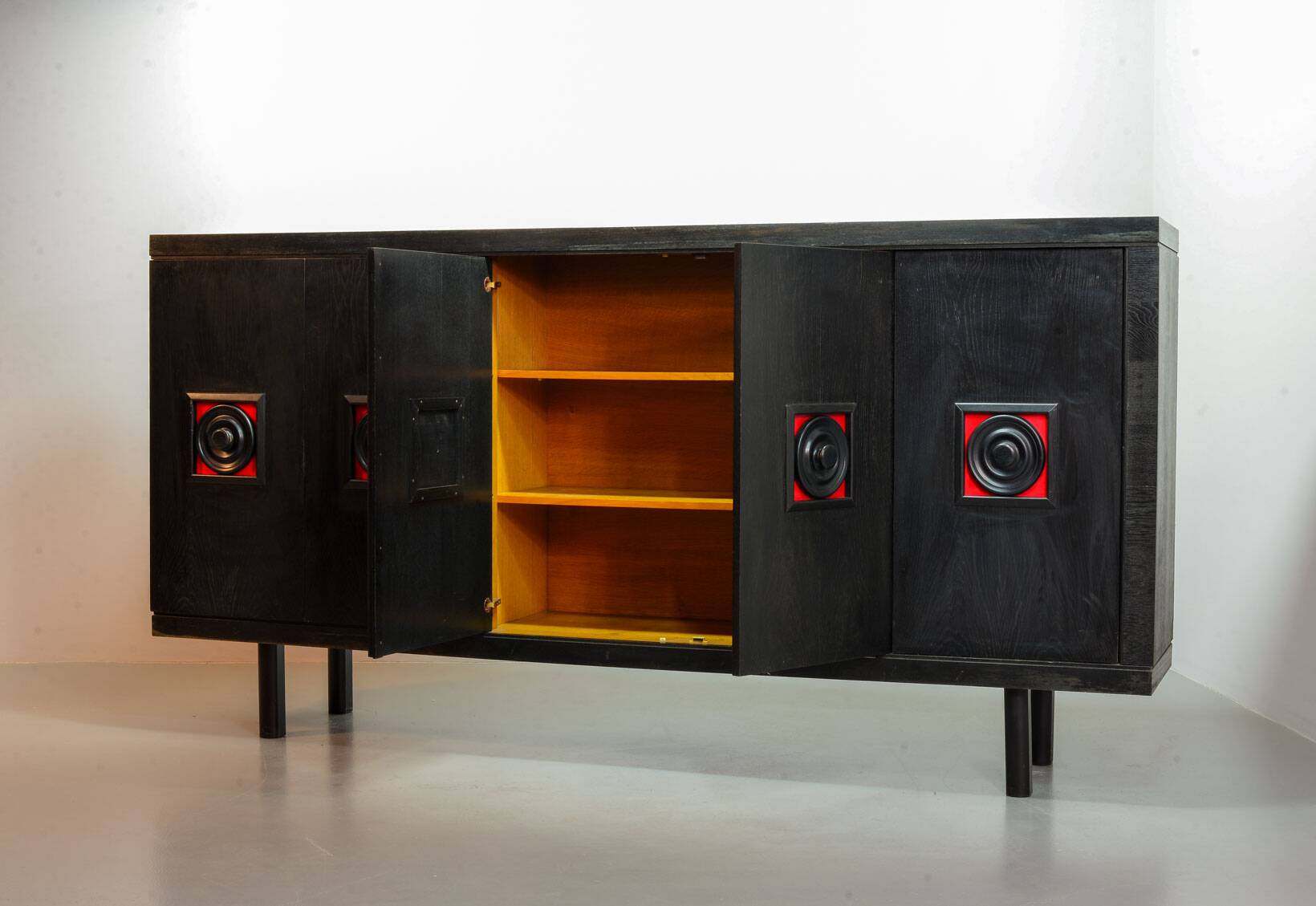 Large Brutalist Black Highboard with Red Accents Belgium 60s