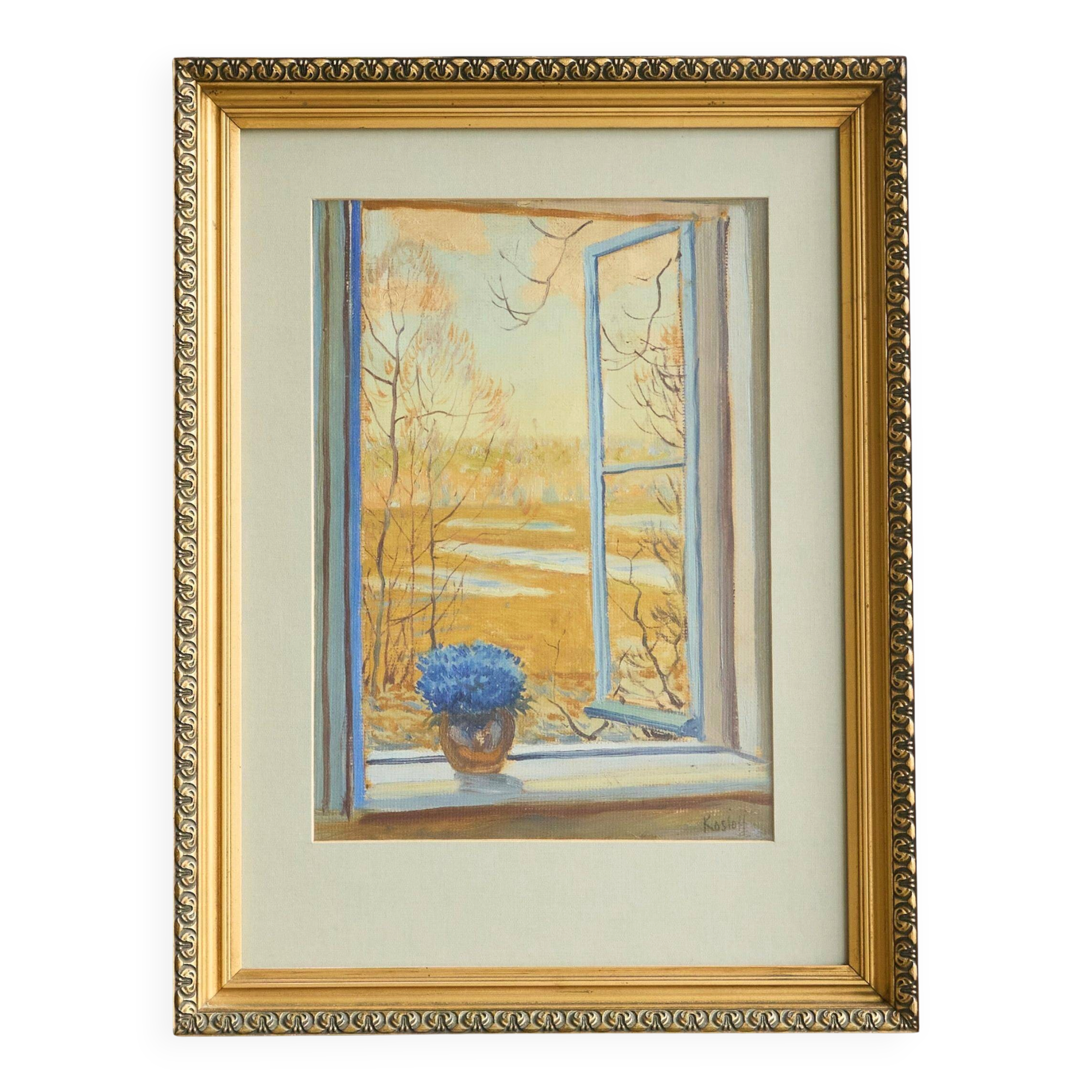 Painting of an open window with flowers, Belgium early 20th century.