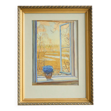 Painting of an open window with flowers, Belgium early 20th century.