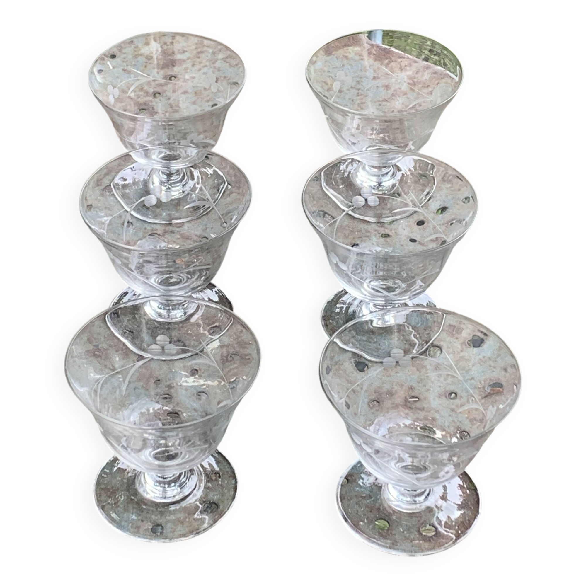 6 antique champagne glasses, chiseled floral motif, collector's item